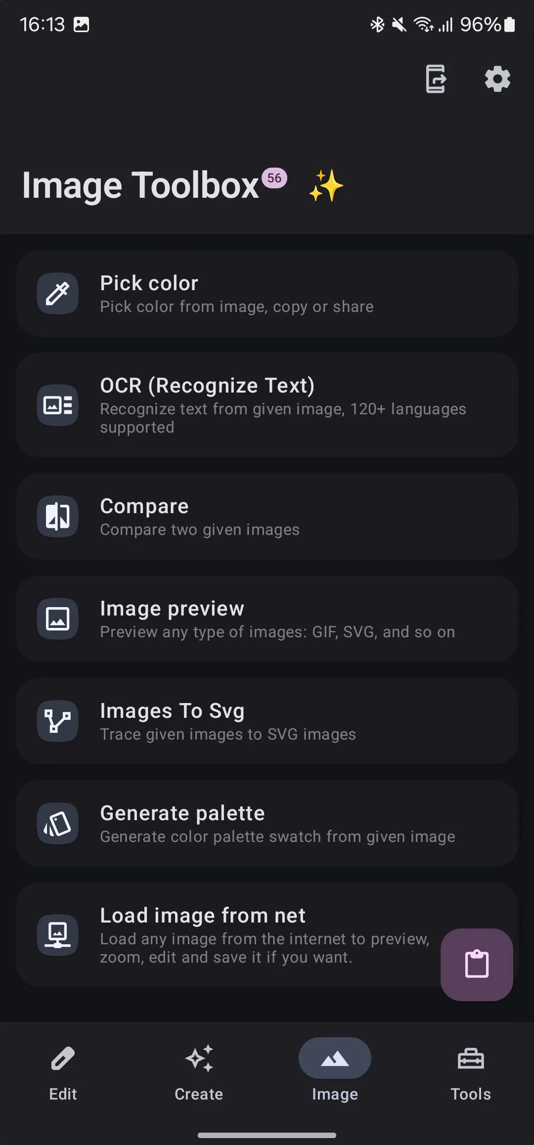 Tab Hình ảnh của ứng dụng Image Toolbox với các công cụ thao tác và chuyển đổi hình ảnh