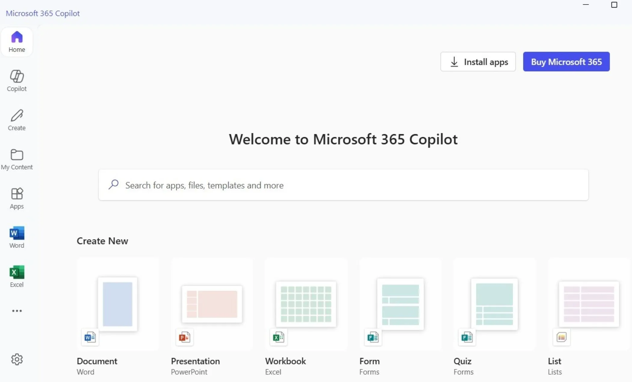 Tab trang chủ của ứng dụng Microsoft 365 Copilot, nơi tập trung các công cụ năng suất Office tích hợp AI.