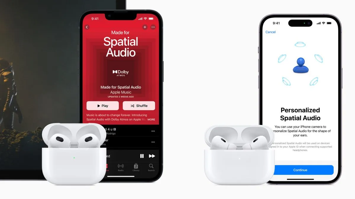 Tai nghe AirPods 3 và AirPods Pro 2 hiển thị tính năng Âm thanh Không gian (Spatial Audio) khi kết nối với iPhone.