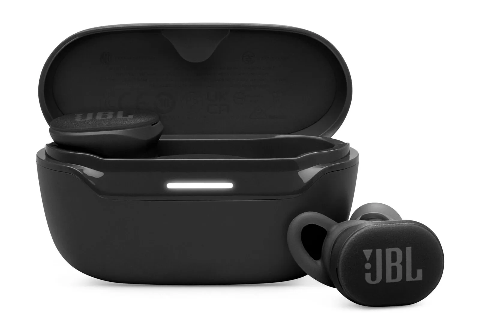 Tai nghe thể thao JBL Endurance Race 3 màu đen, với thiết kế chống nước IP68 và công nghệ TwistLock an toàn.