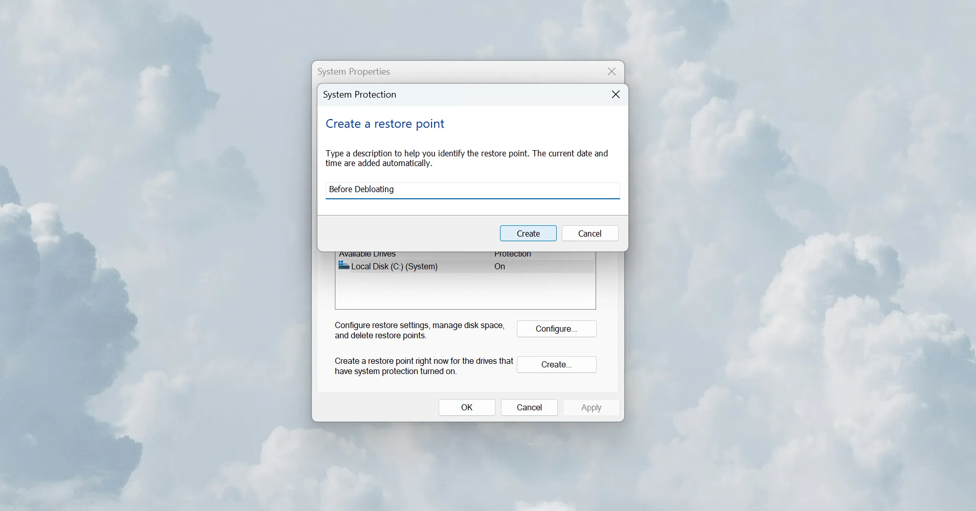 Tạo điểm khôi phục hệ thống Windows trước khi gỡ bỏ bloatware để đảm bảo an toàn