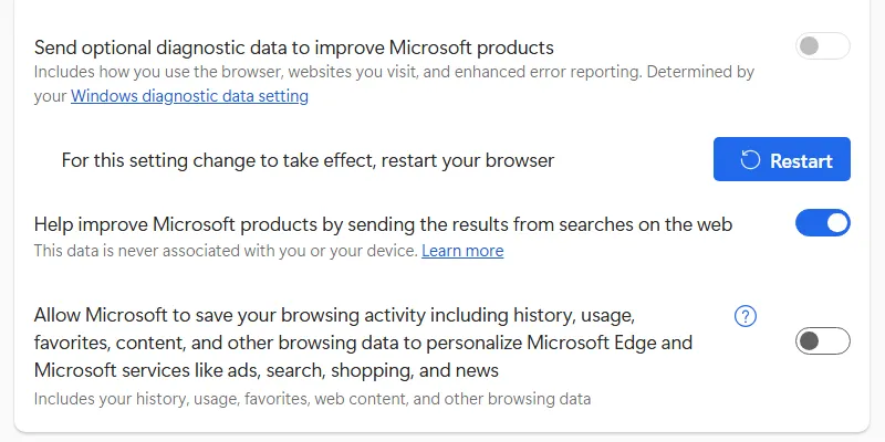 Tắt tính năng cho phép Microsoft lưu hoạt động duyệt web để vô hiệu hóa quảng cáo cá nhân hóa trong Edge