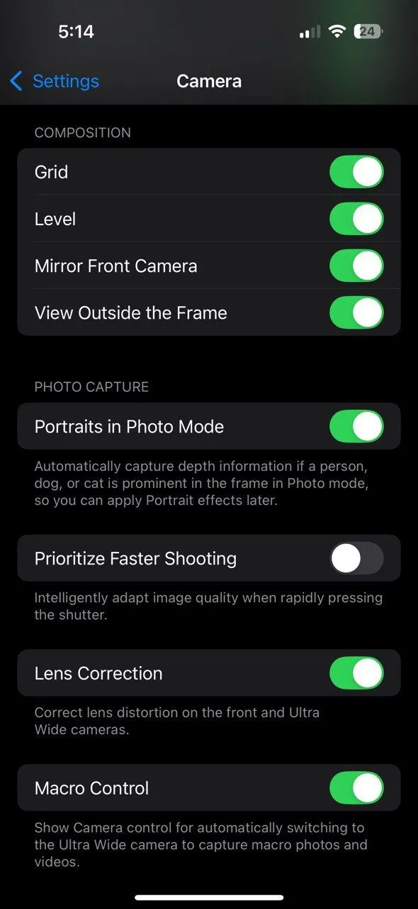 Tắt tính năng Ưu tiên Chụp ảnh Nhanh hơn trong Cài đặt Camera của iPhone