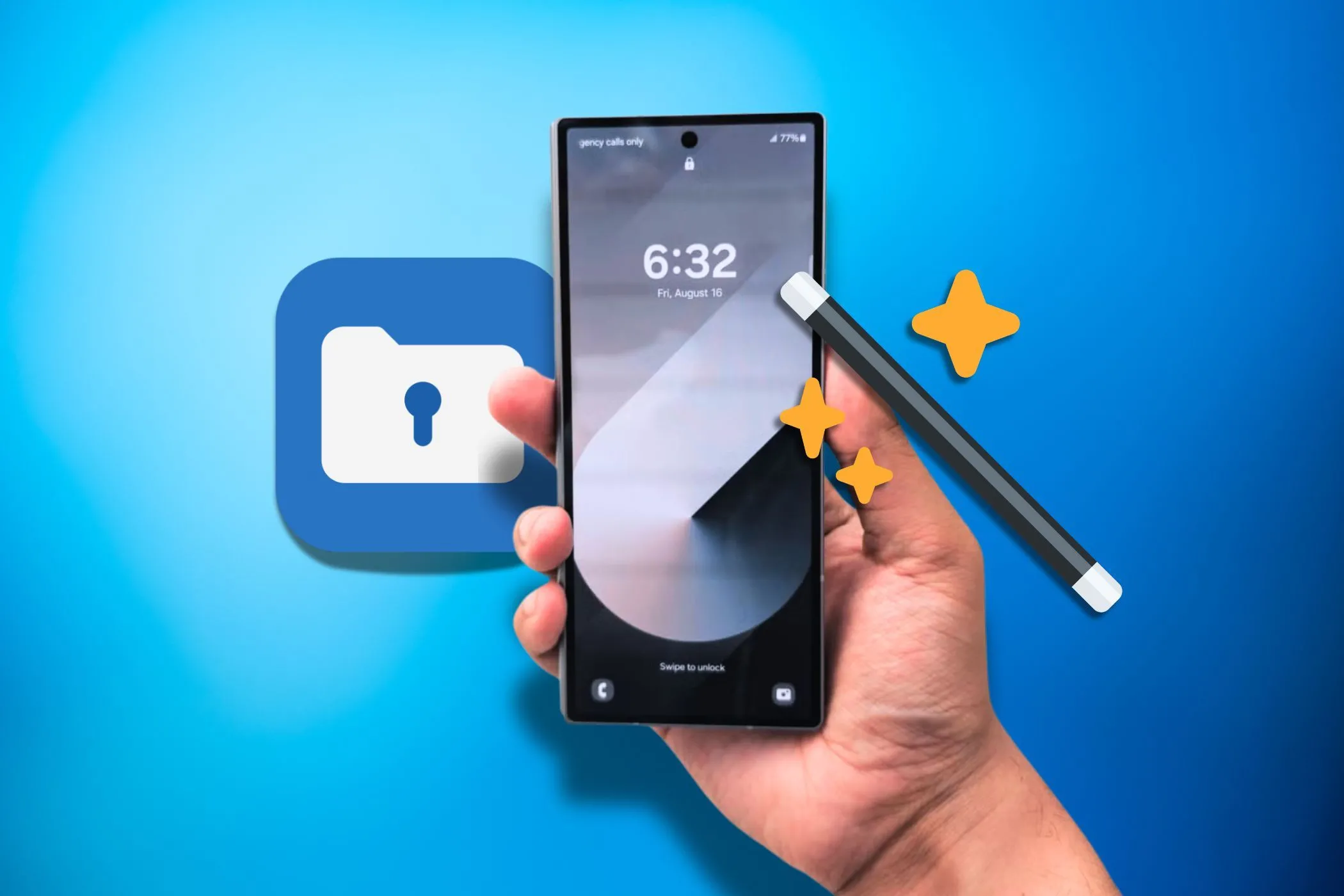 Tay cầm điện thoại Samsung với biểu tượng thư mục bảo mật và đũa thần, thể hiện tính năng bảo mật cao