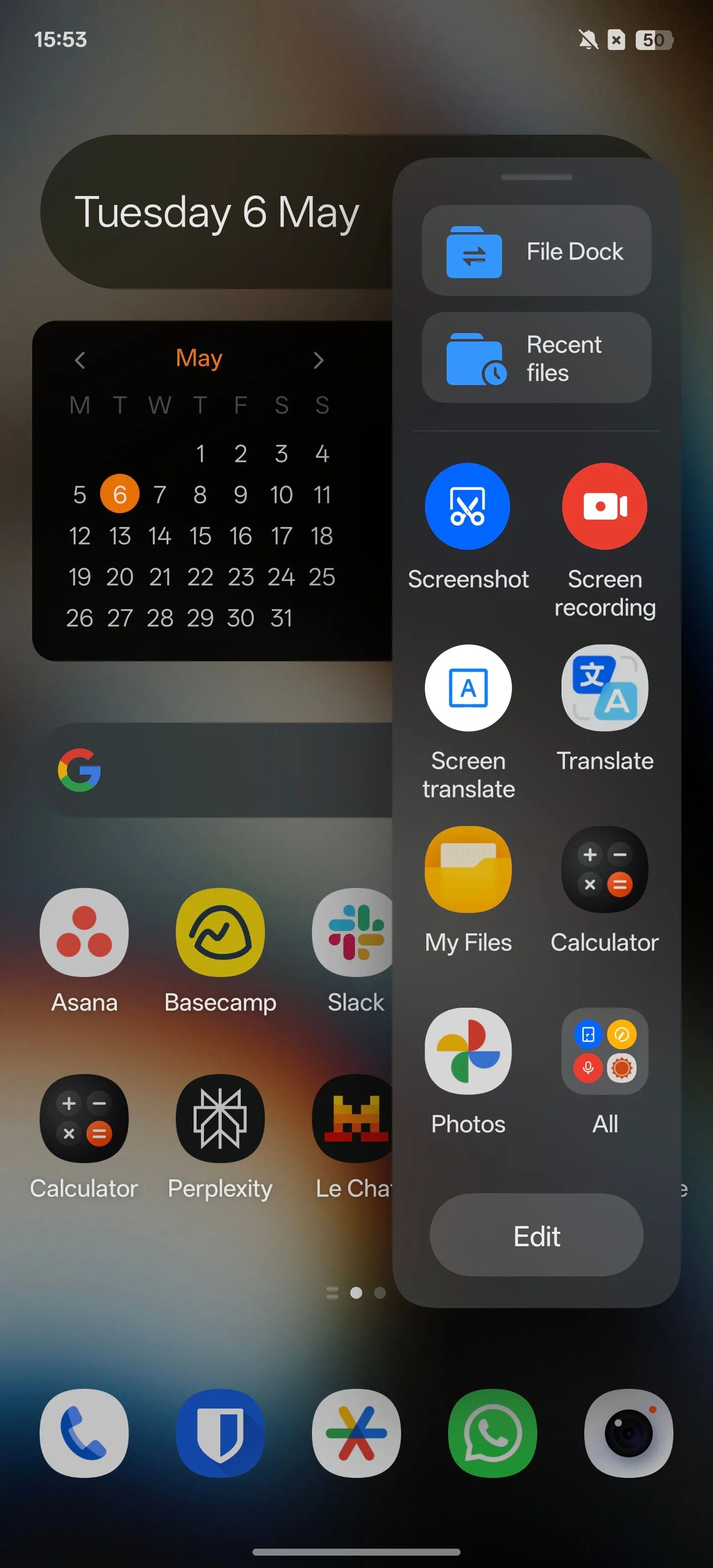 Thanh bên thông minh (Smart Sidebar) hiển thị trên màn hình chính của điện thoại OnePlus.