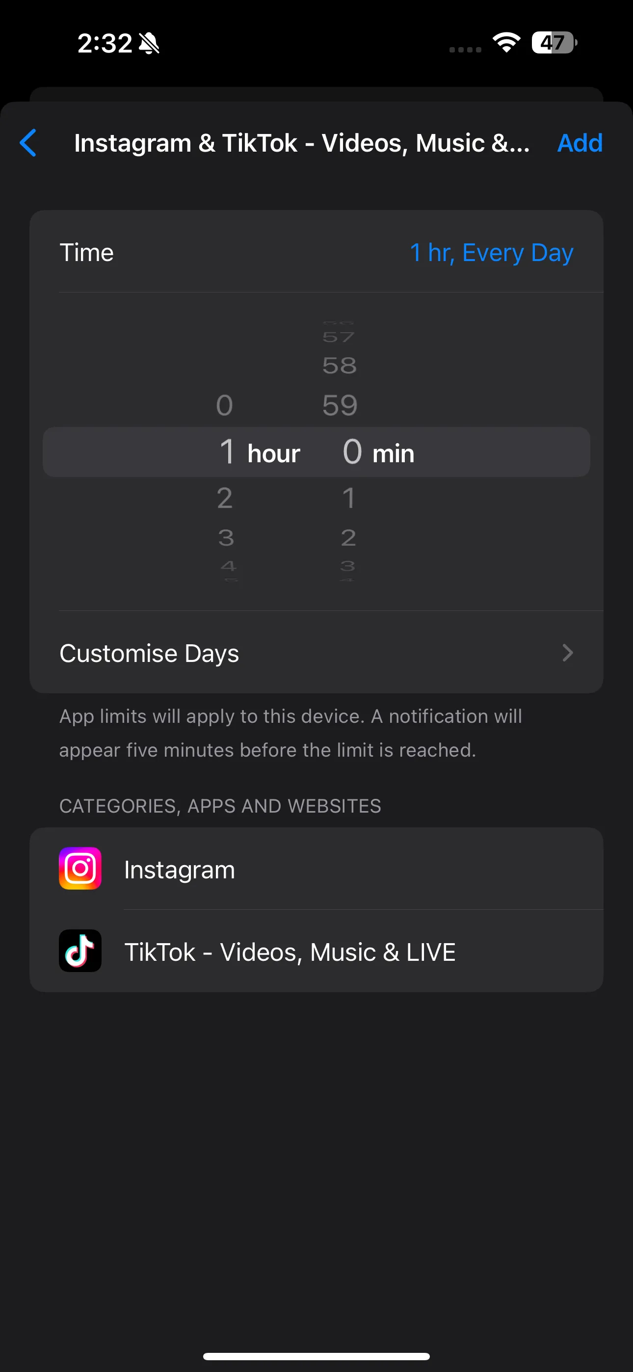 Thanh trượt thời gian và tùy chọn Tùy chỉnh ngày trên màn hình iPhone trong cài đặt Thời gian sử dụng