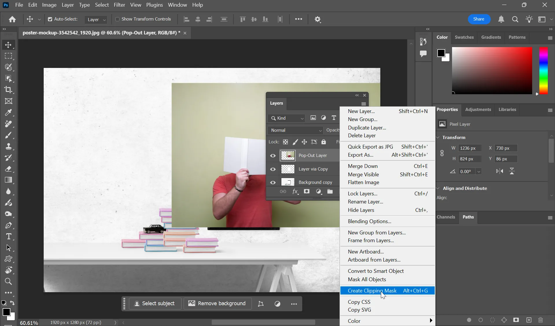 Thao tác tạo Clipping Mask trong Photoshop, hiển thị tùy chọn trên menu ngữ cảnh để lồng ghép ảnh pop-out vào khung nền