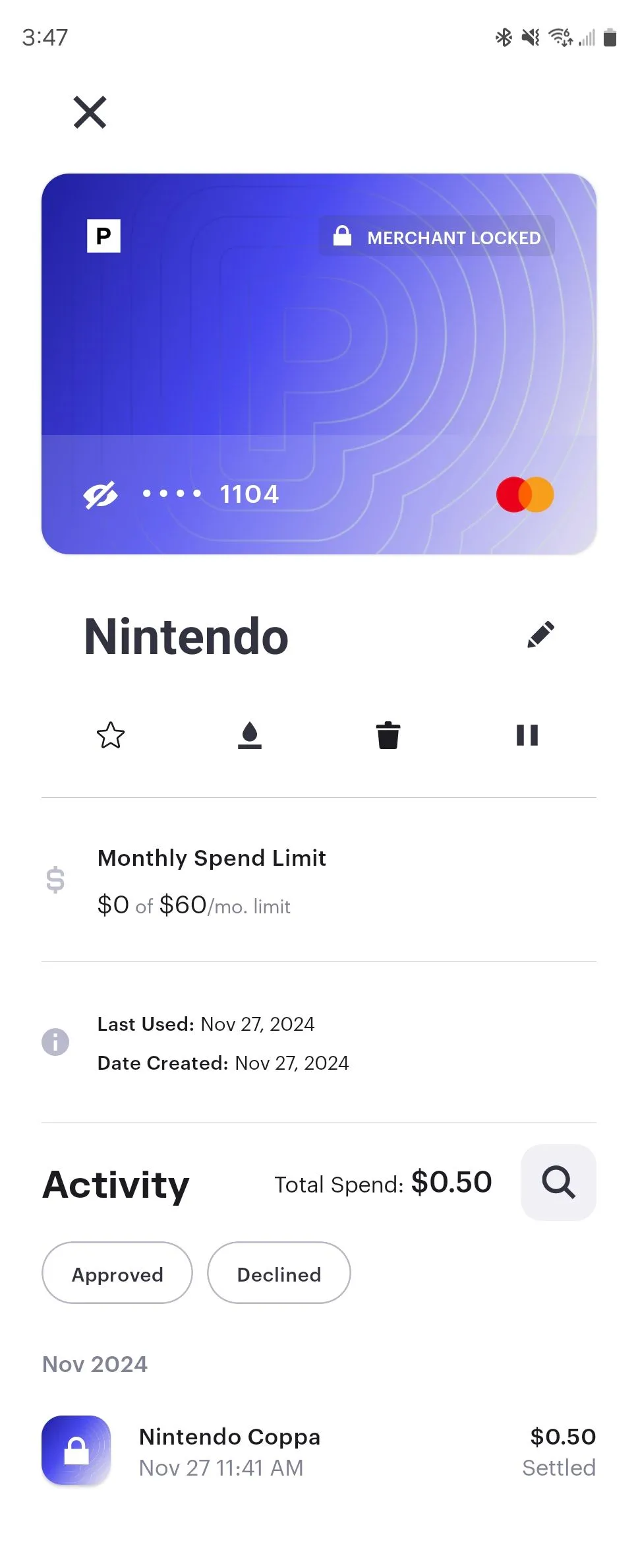 Thẻ thanh toán dùng một lần Privacy.com được tạo cho Nintendo trên điện thoại Android.