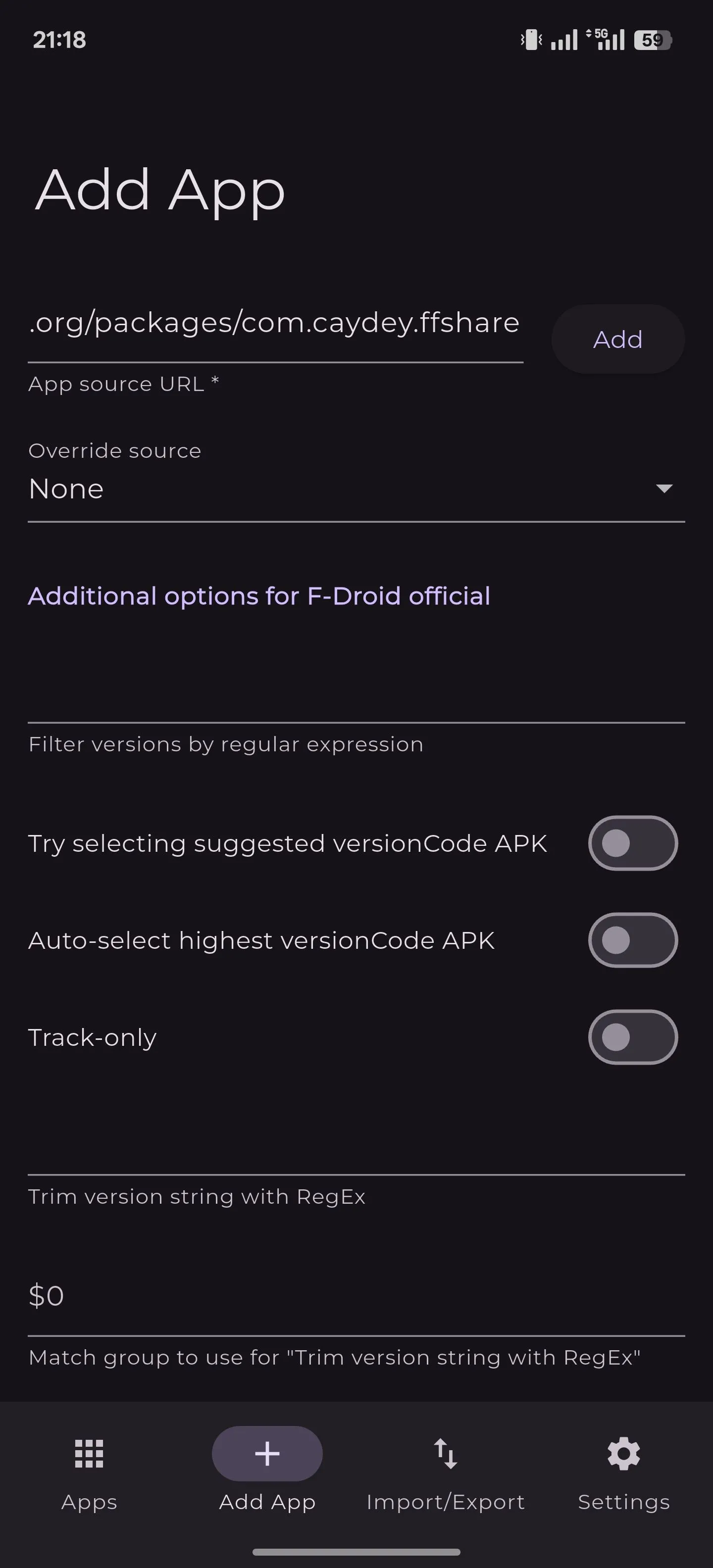 Thêm ứng dụng từ F-Droid vào Obtainium trên Android.