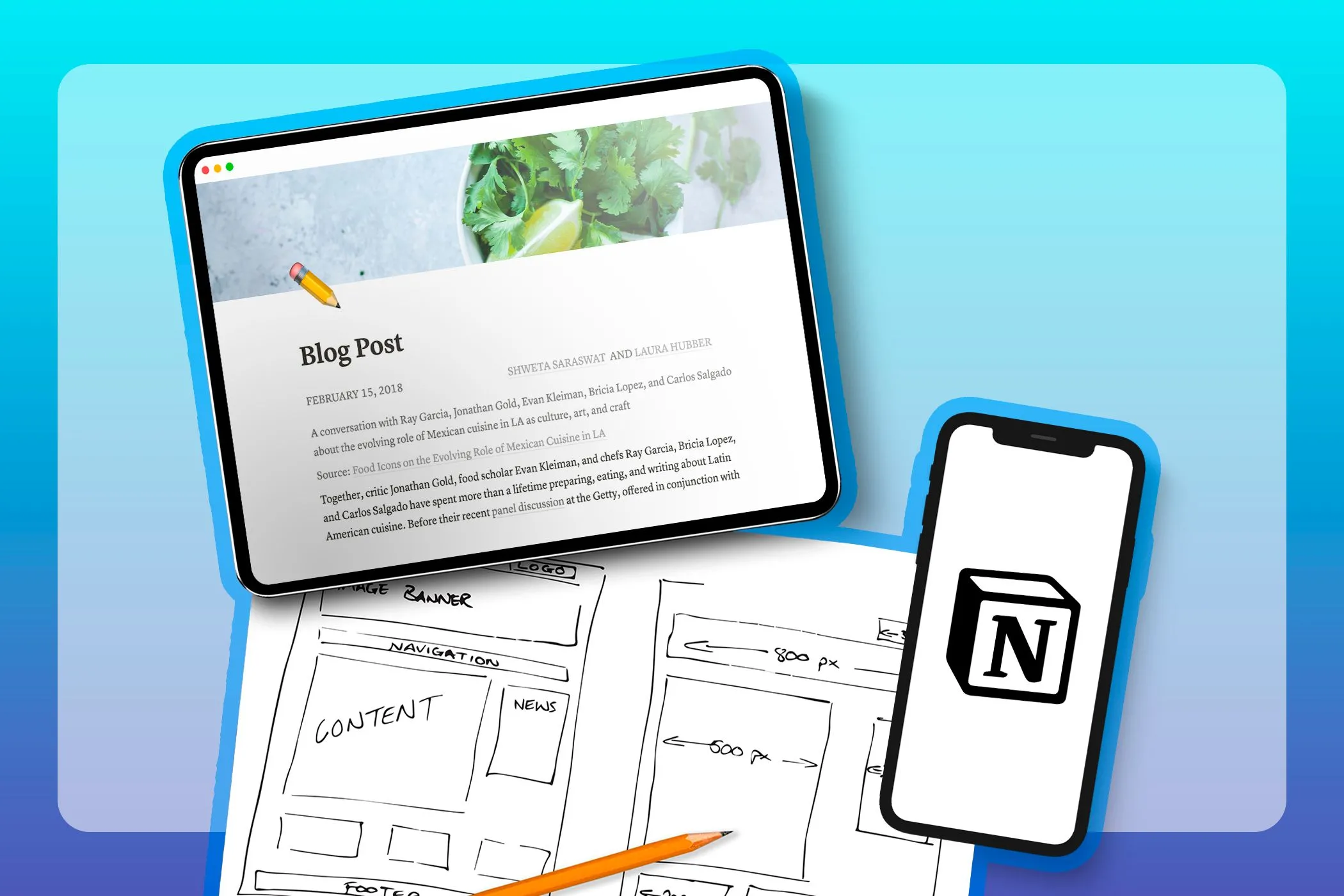 Thiết bị di động hiển thị website được tạo bằng Notion Sites và các bản phác thảo thiết kế