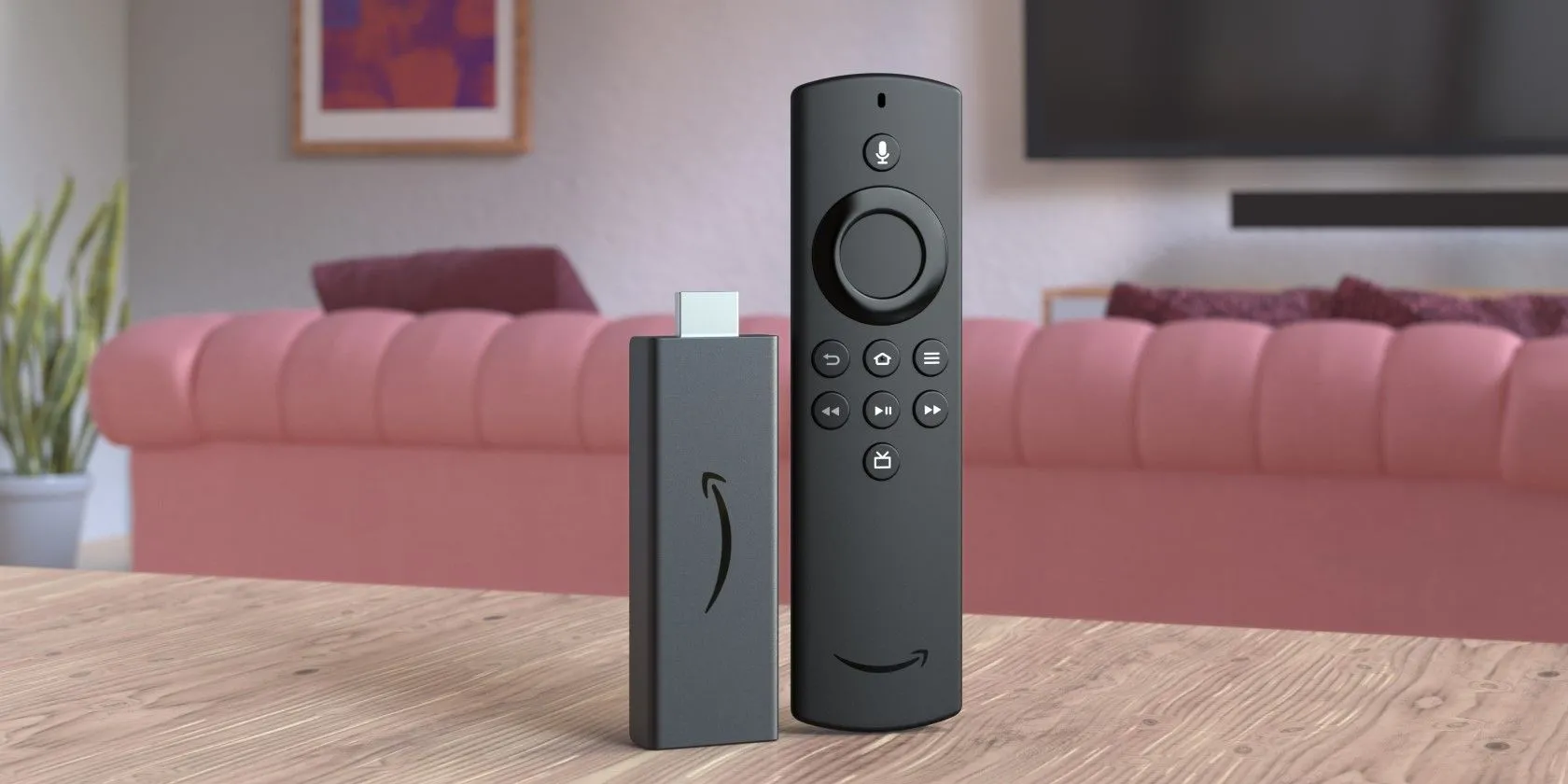 Thiết bị Fire TV Stick và điều khiển từ xa đặt trên bàn cà phê, thể hiện sự đơn giản của stick stream TV.