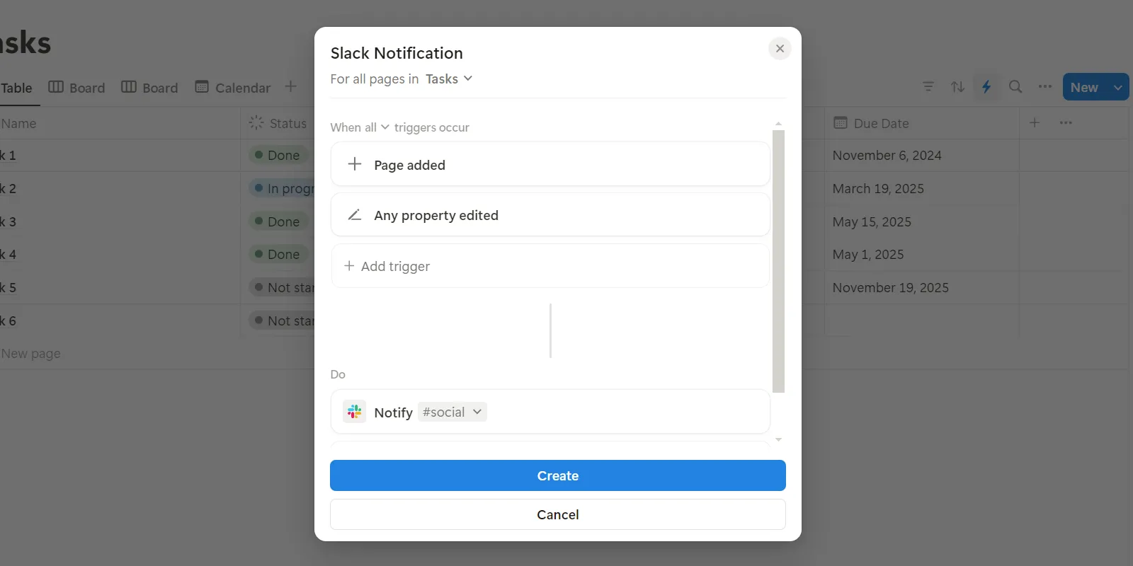 Thiết lập tự động hóa gửi thông báo từ Notion đến kênh Slack khi có thay đổi trong database.