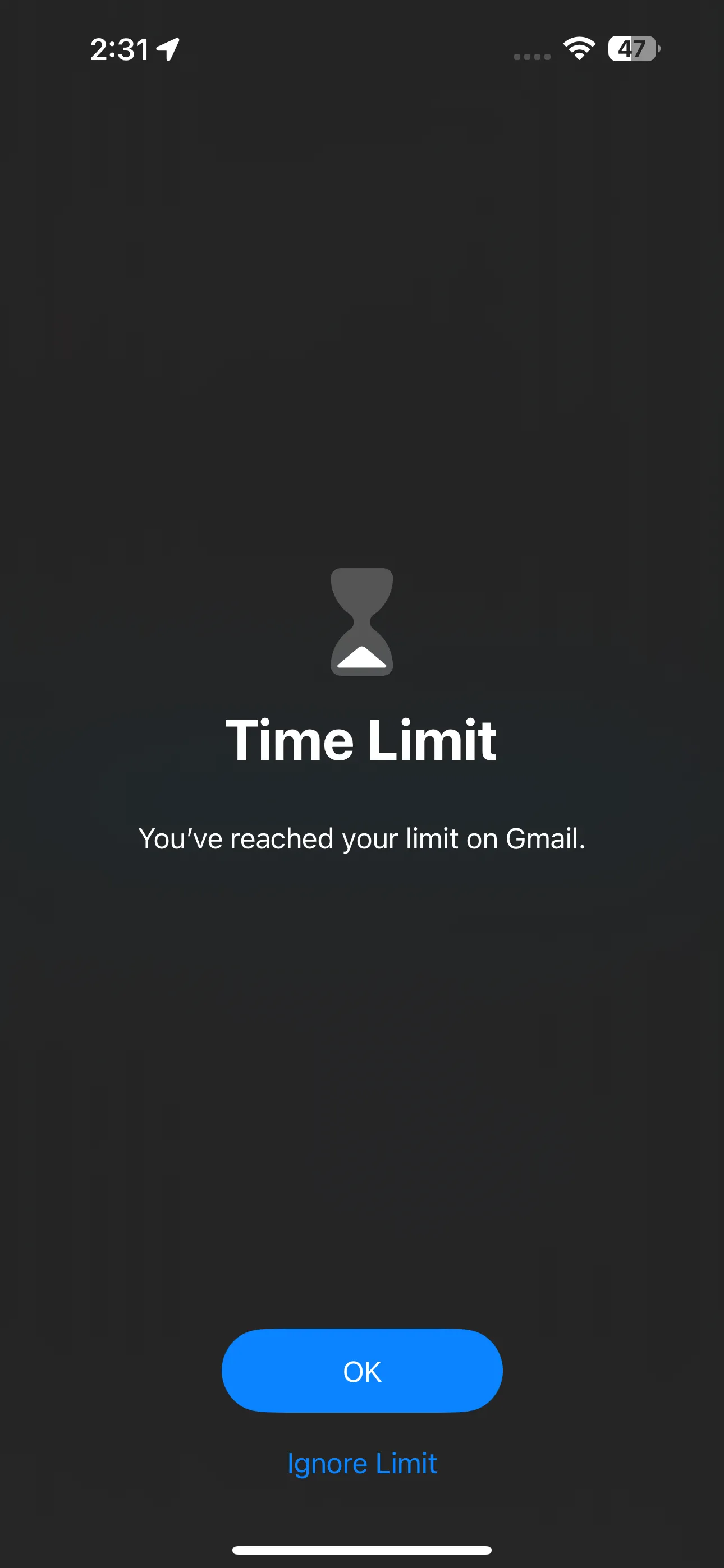 Thông báo đã đạt giới hạn trên màn hình iPhone, ví dụ cho ứng dụng Gmail