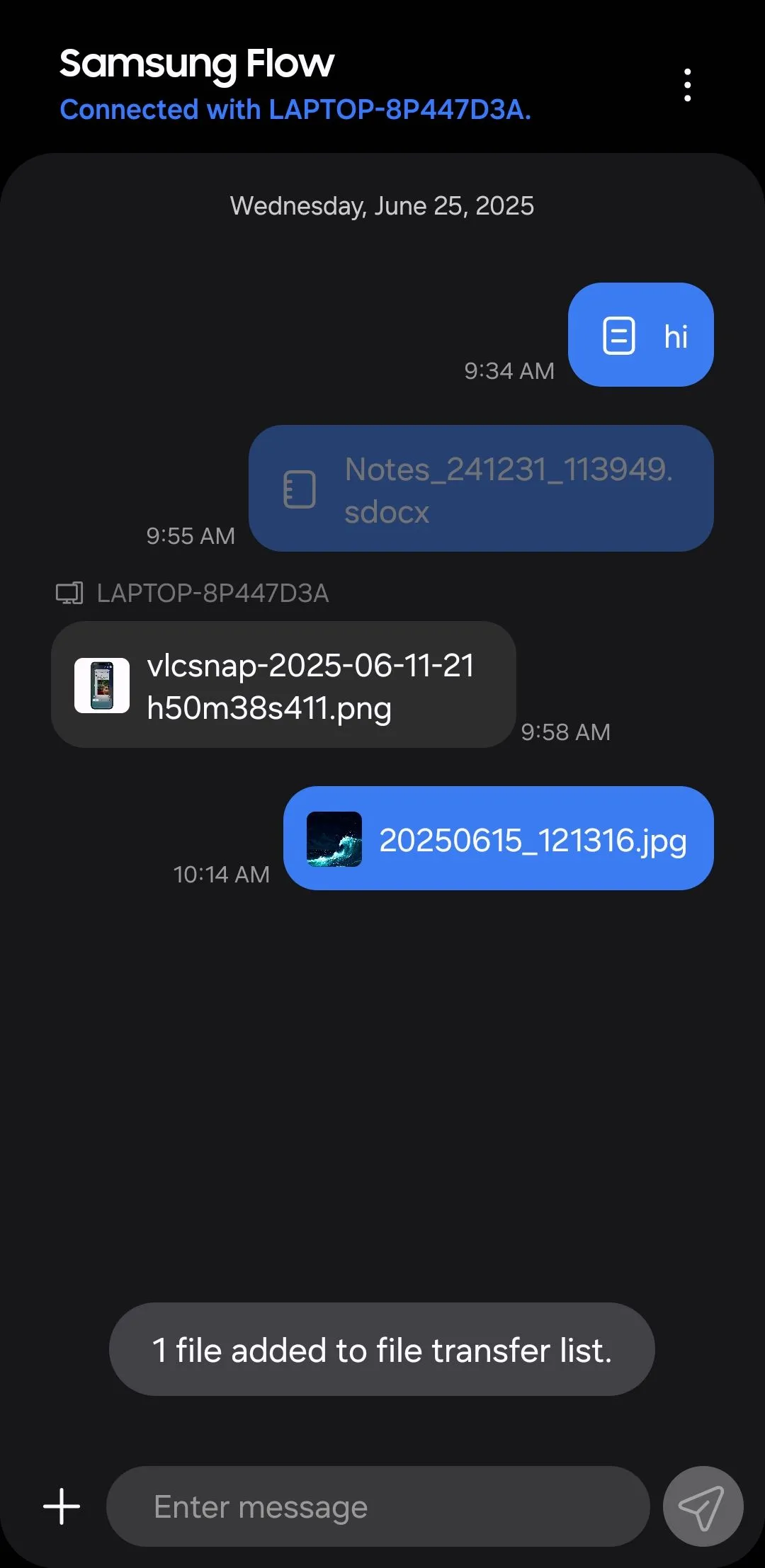 Thông báo gửi file thành công trên ứng dụng Samsung Flow trên điện thoại