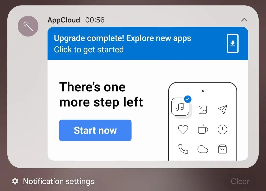 Thông báo quảng cáo từ AppCloud trên điện thoại Samsung, hiển thị đề xuất ứng dụng mới