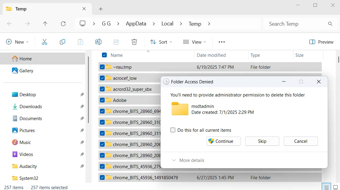 Thông báo xác nhận xóa các tệp tin trong thư mục tạm trên Windows