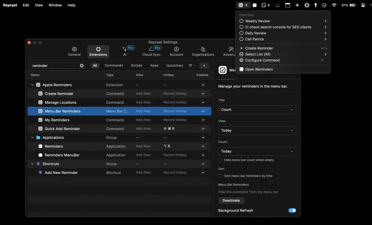 Tiện ích Apple Reminders hiển thị trên thanh Menu Bar qua Raycast.