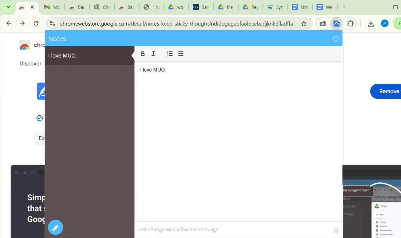 Tiện ích Notes cho Google Drive hiển thị trong trình duyệt Chrome