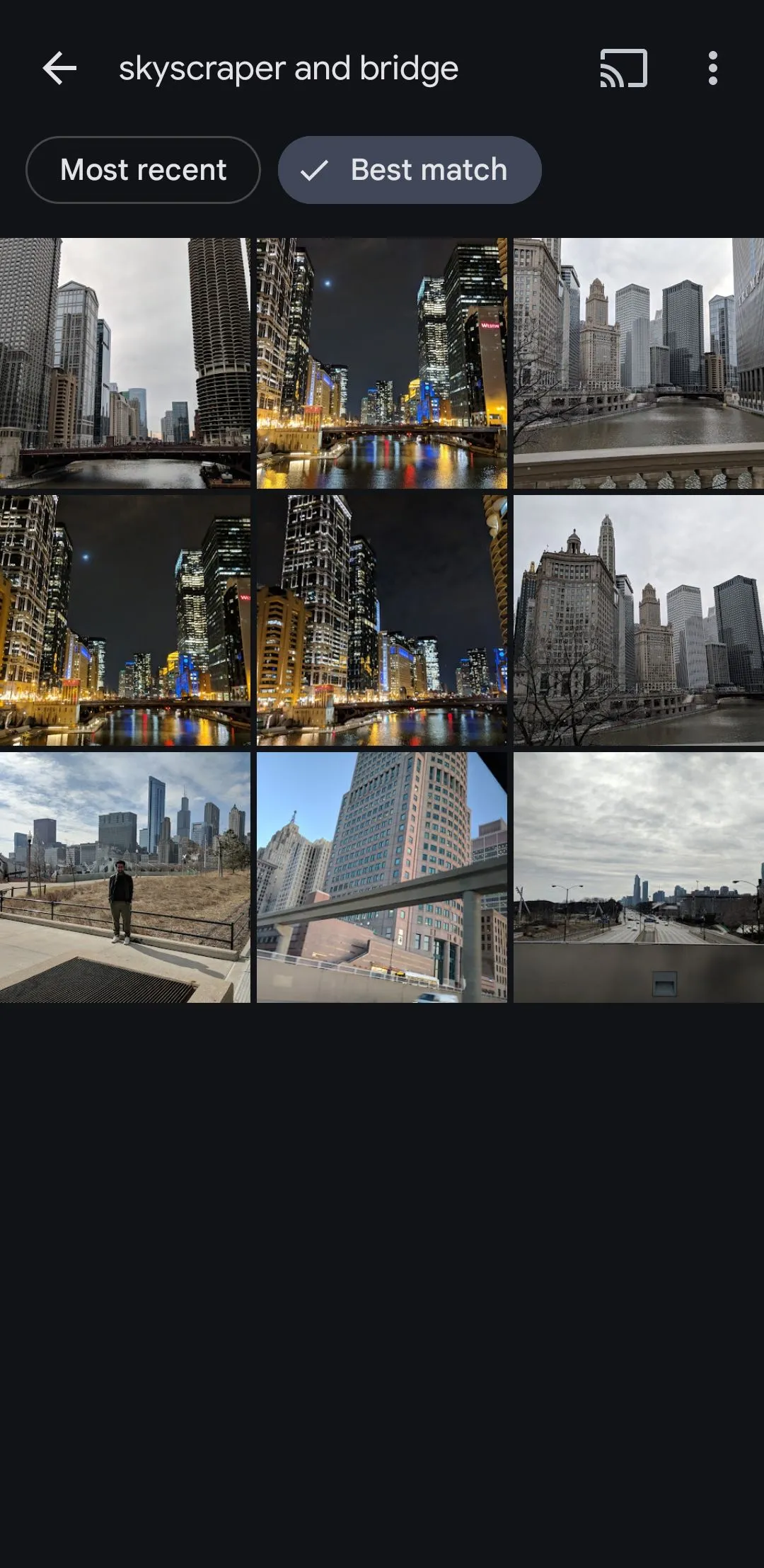 Tìm kiếm ảnh bằng cụm từ mô tả như 'tòa nhà chọc trời' trên Google Photos
