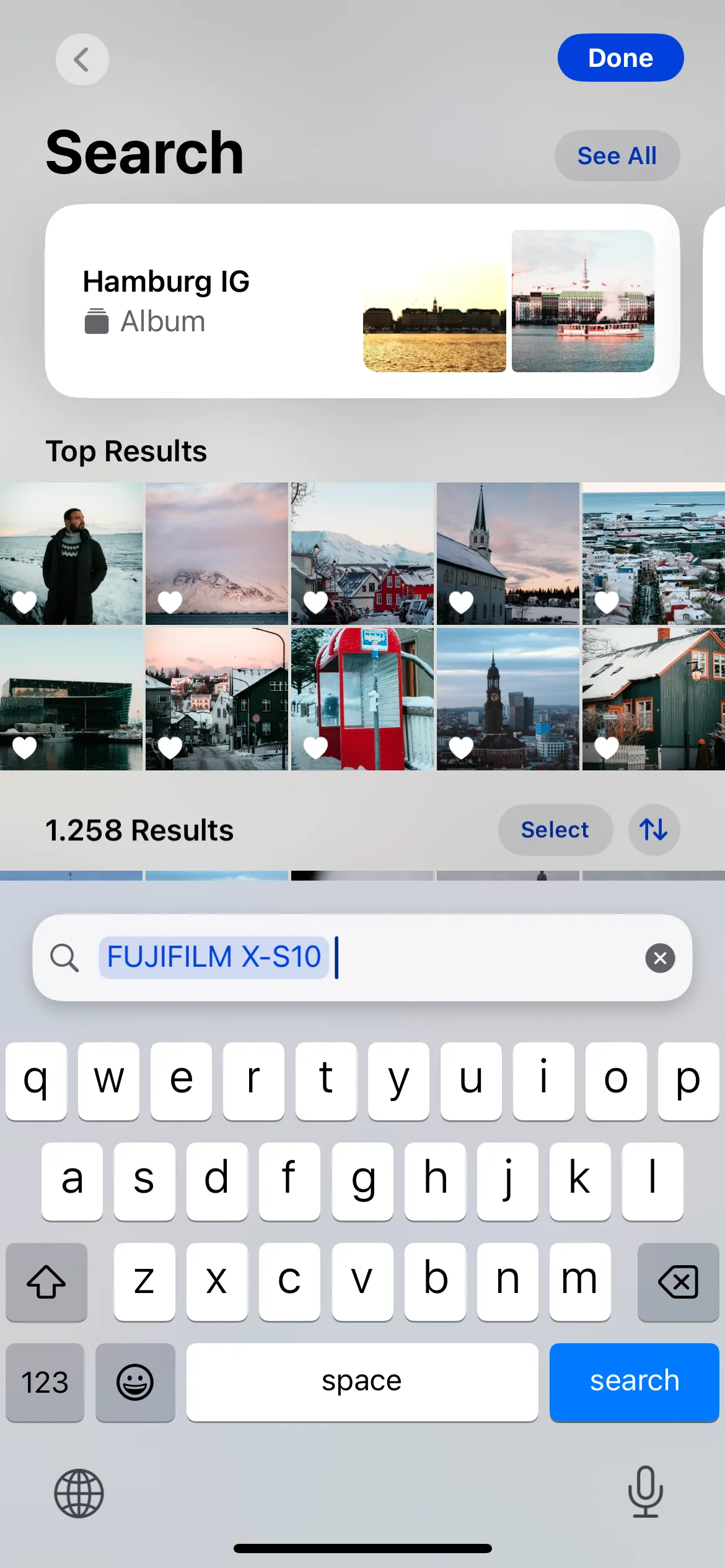 Tìm kiếm ảnh theo tên máy ảnh Fujifilm trong ứng dụng Ảnh iPhone