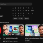 Tìm kiếm podcast "The Daily" trên ứng dụng YouTube TV, hiển thị kết quả tìm kiếm kênh và tập podcast.