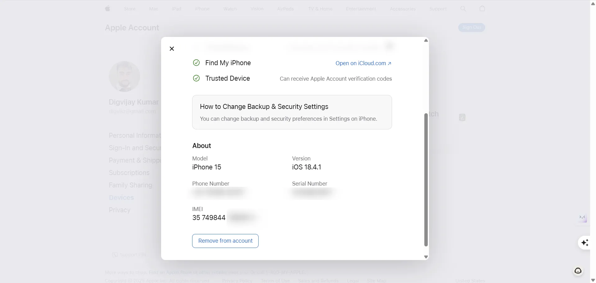 Tìm kiếm số IMEI iPhone từ trang quản lý thiết bị trong tài khoản Apple ID