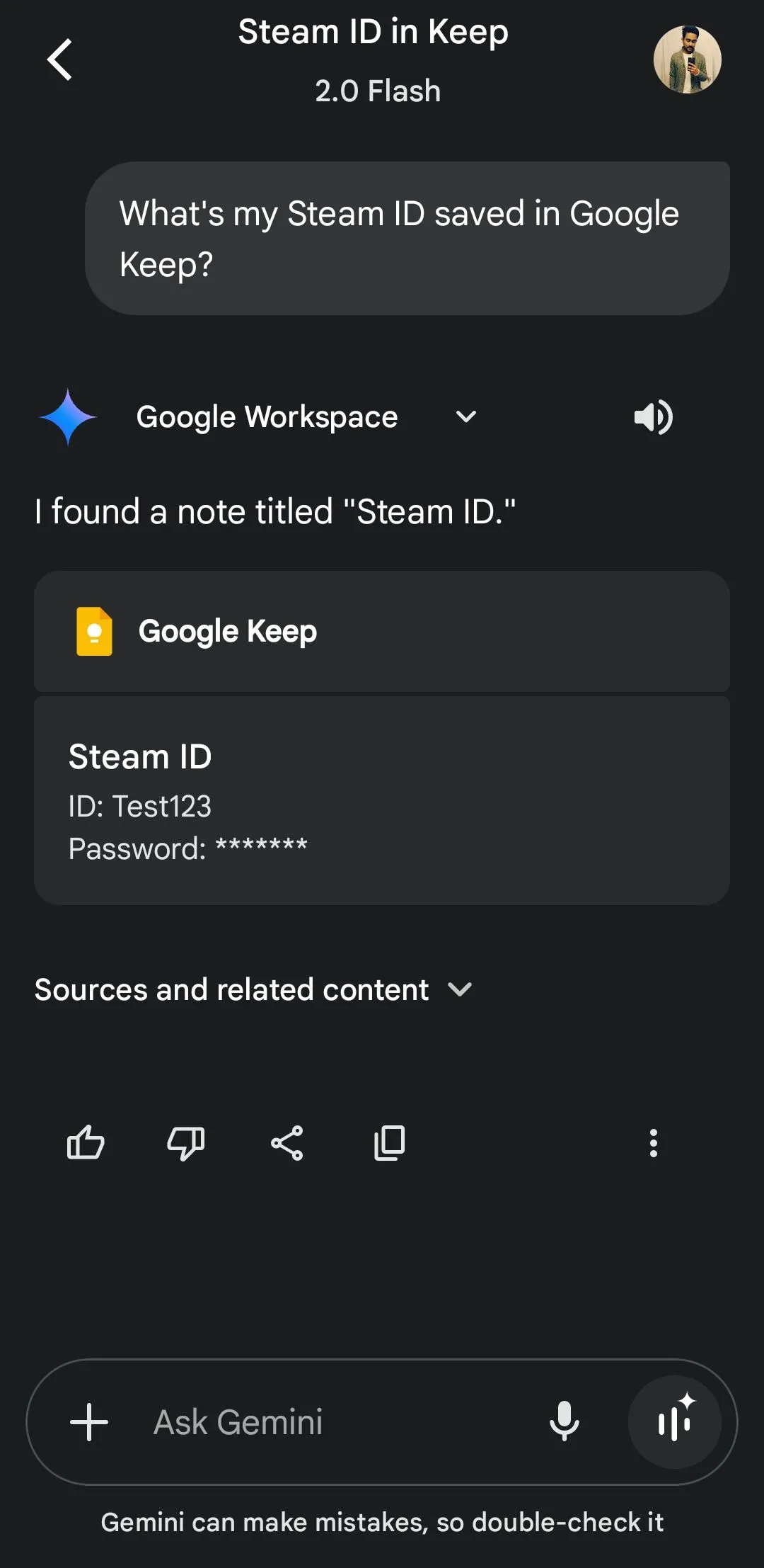 Tìm kiếm thông tin về Steam ID lưu trữ trong Google Keep thông qua Gemini AI