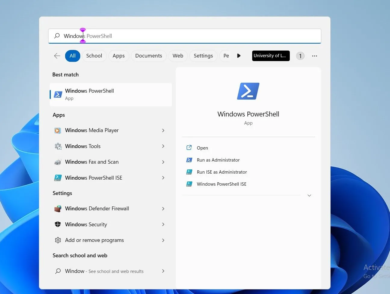 Tìm kiếm Windows PowerShell trên thanh tìm kiếm của Windows