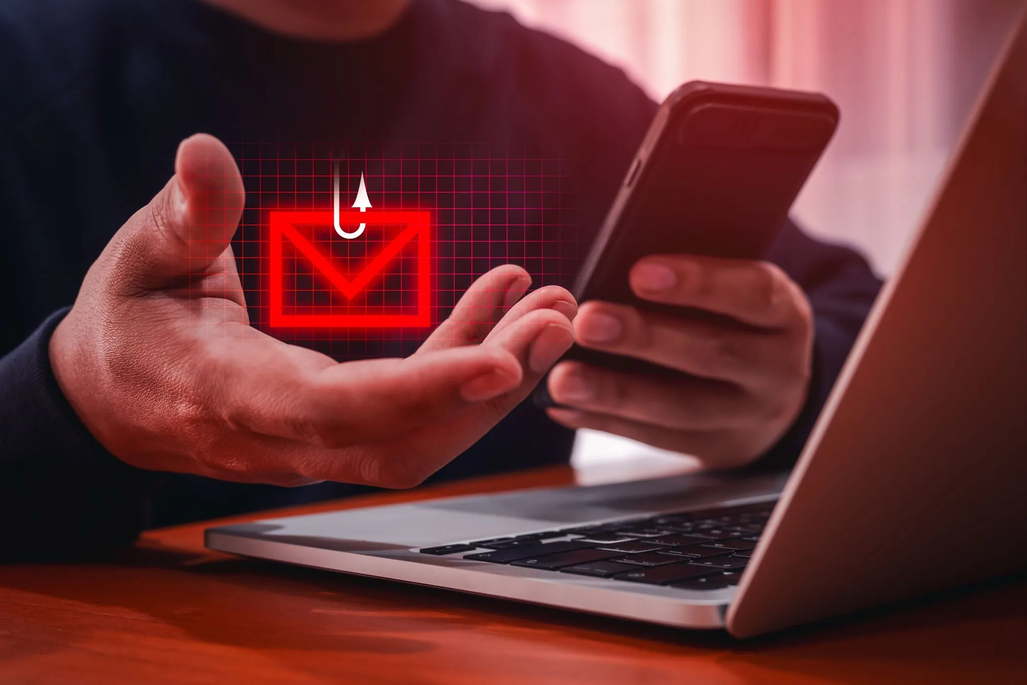 Tin nhắn lừa đảo (smishing) có biểu tượng phong bì bên cạnh laptop, minh họa nguy cơ tấn công phishing qua SMS