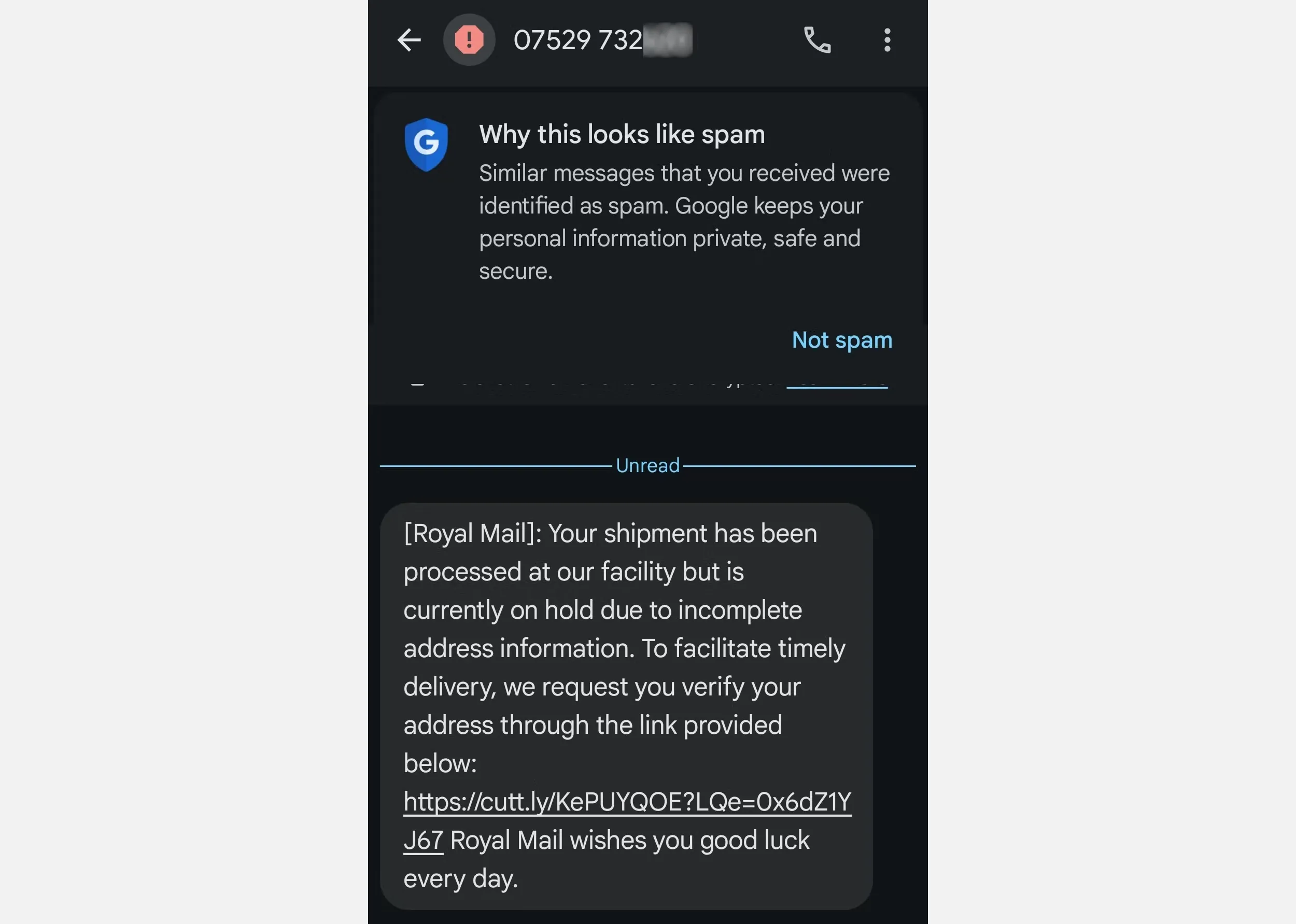 Tin nhắn lừa đảo Smishing giả mạo dịch vụ bưu chính Royal Mail trên điện thoại