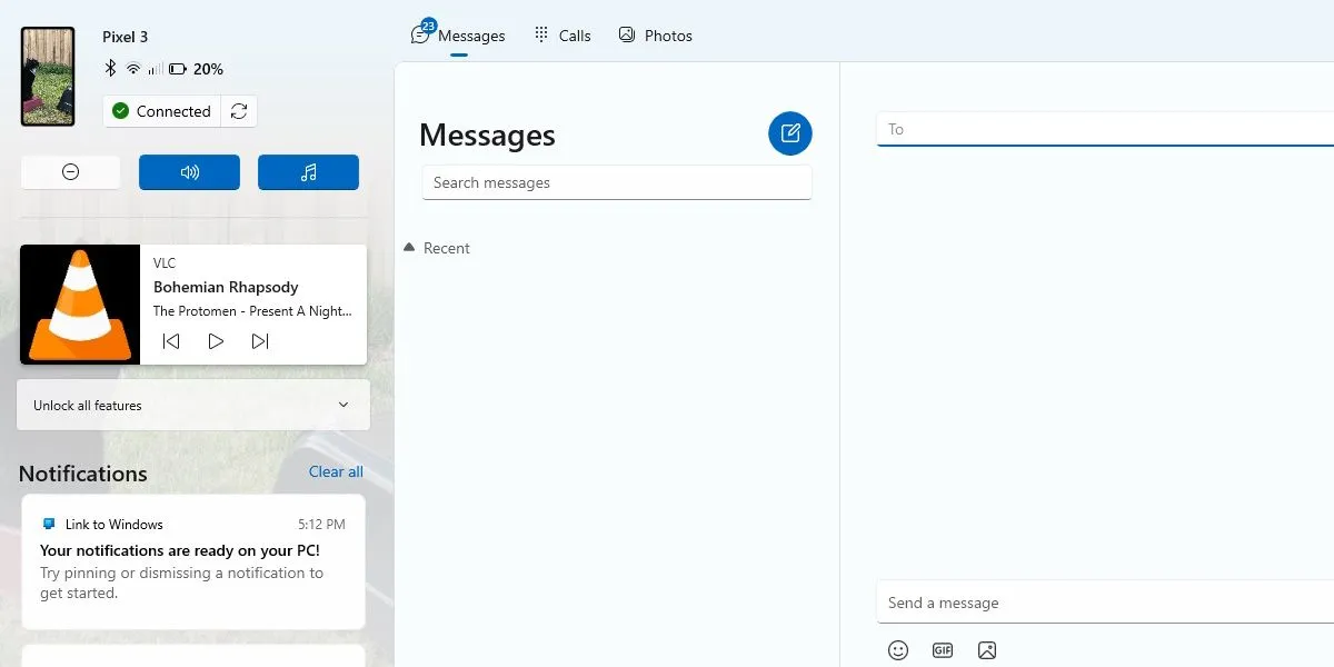 Tin nhắn ứng dụng Phone Link của Microsoft hiển thị trên màn hình Windows