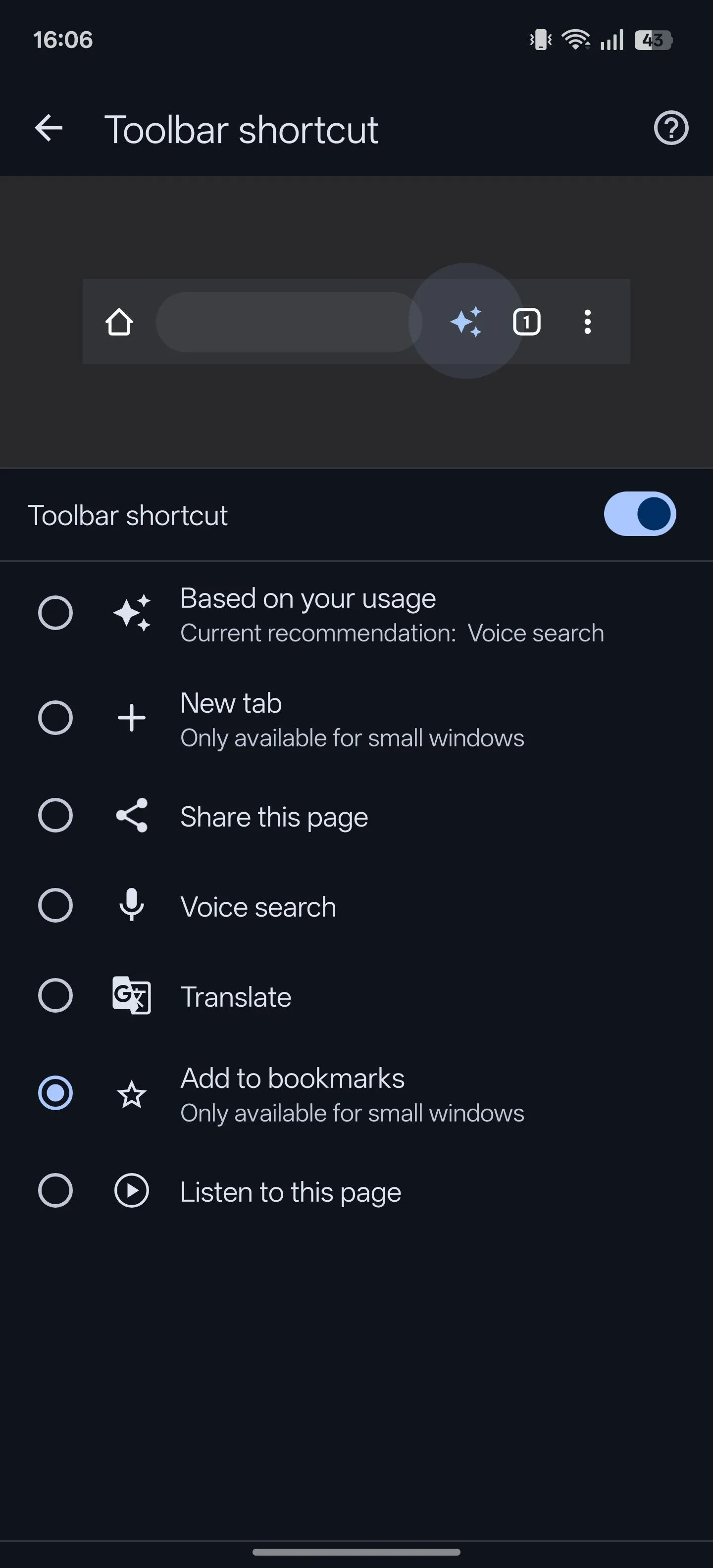 Tính năng lối tắt thanh công cụ đã được bật trong Chrome trên Android, với tùy chọn thêm vào dấu trang được chọn.