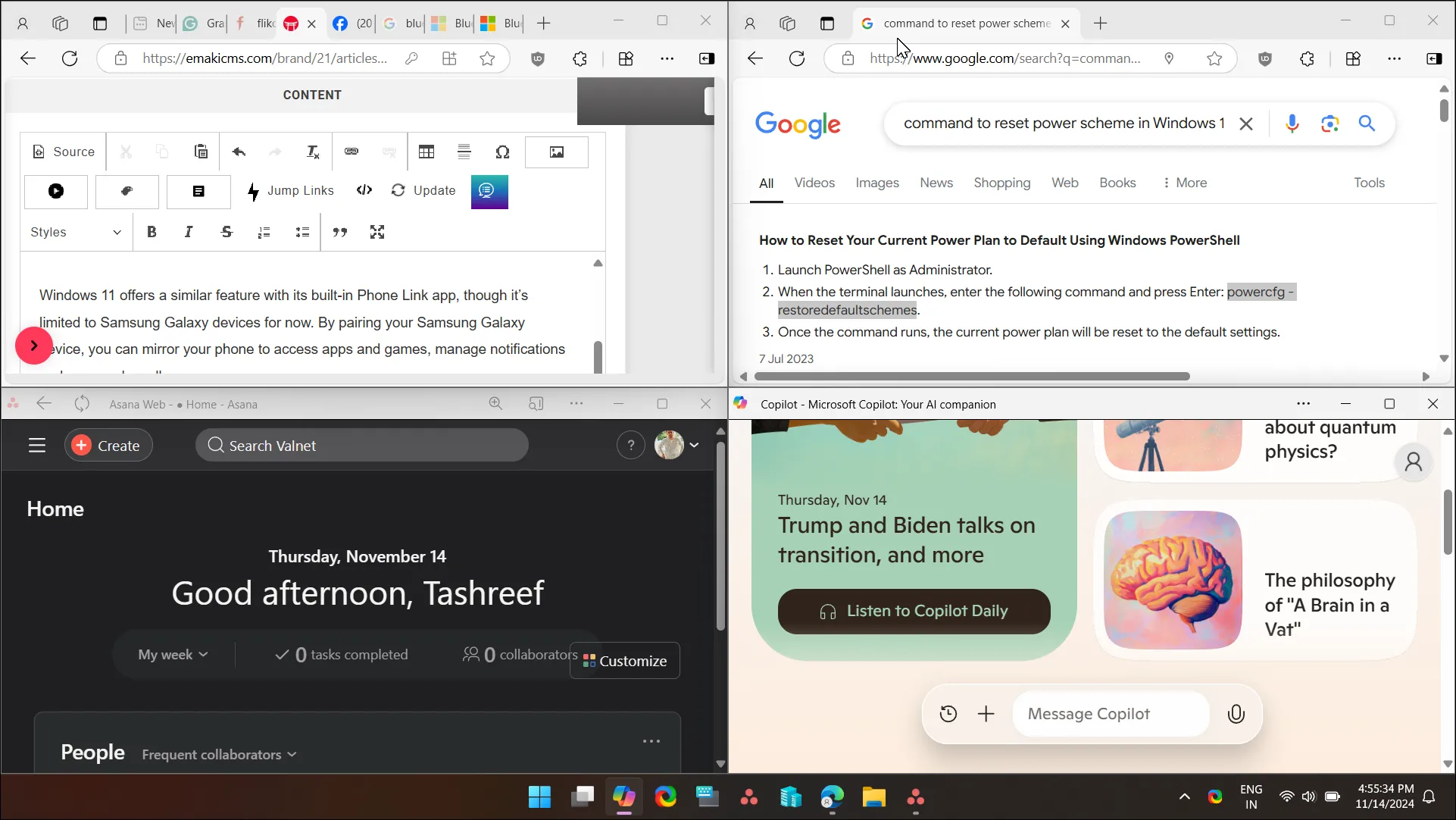 Tính năng Snap Layouts của Windows 11 sắp xếp bốn cửa sổ ứng dụng chiếm mỗi phần tư màn hình