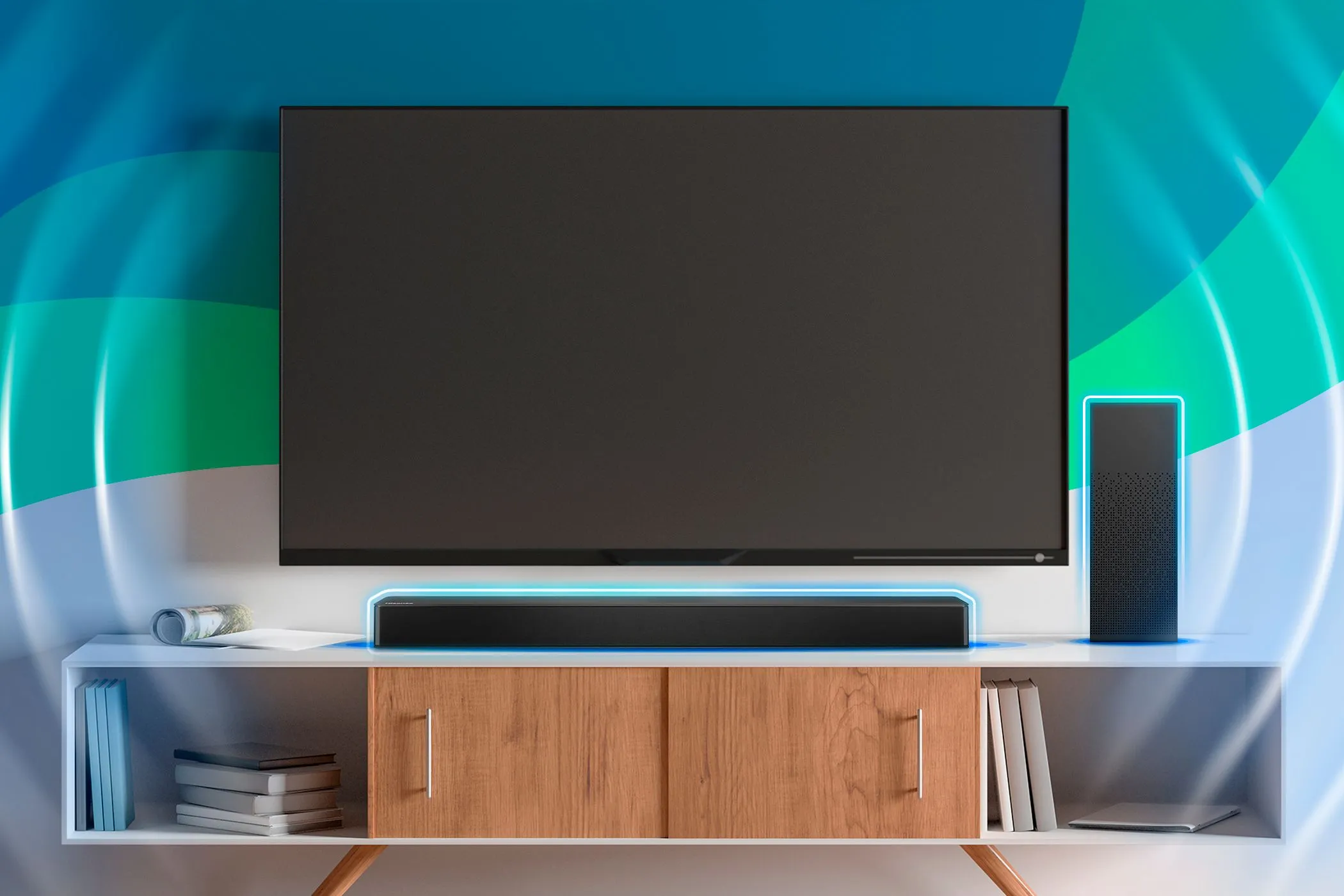 Tivi treo tường cùng loa thanh (soundbar) đặt dưới, minh họa nhu cầu âm thanh cao cấp cho TV.