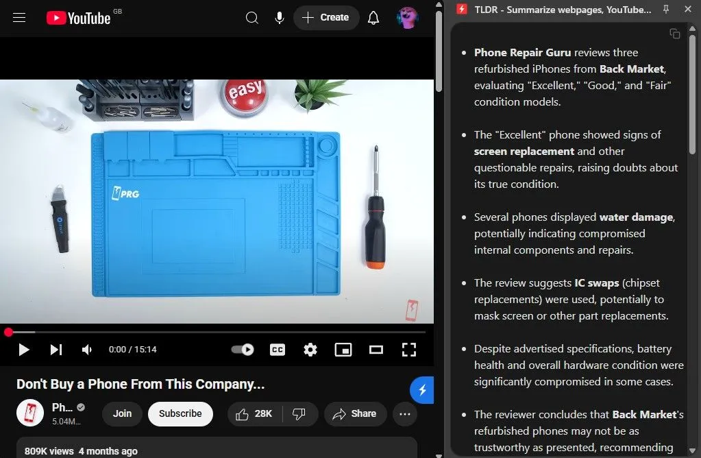 TLDR tóm tắt video YouTube về điện thoại tân trang giúp tiết kiệm thời gian người dùng