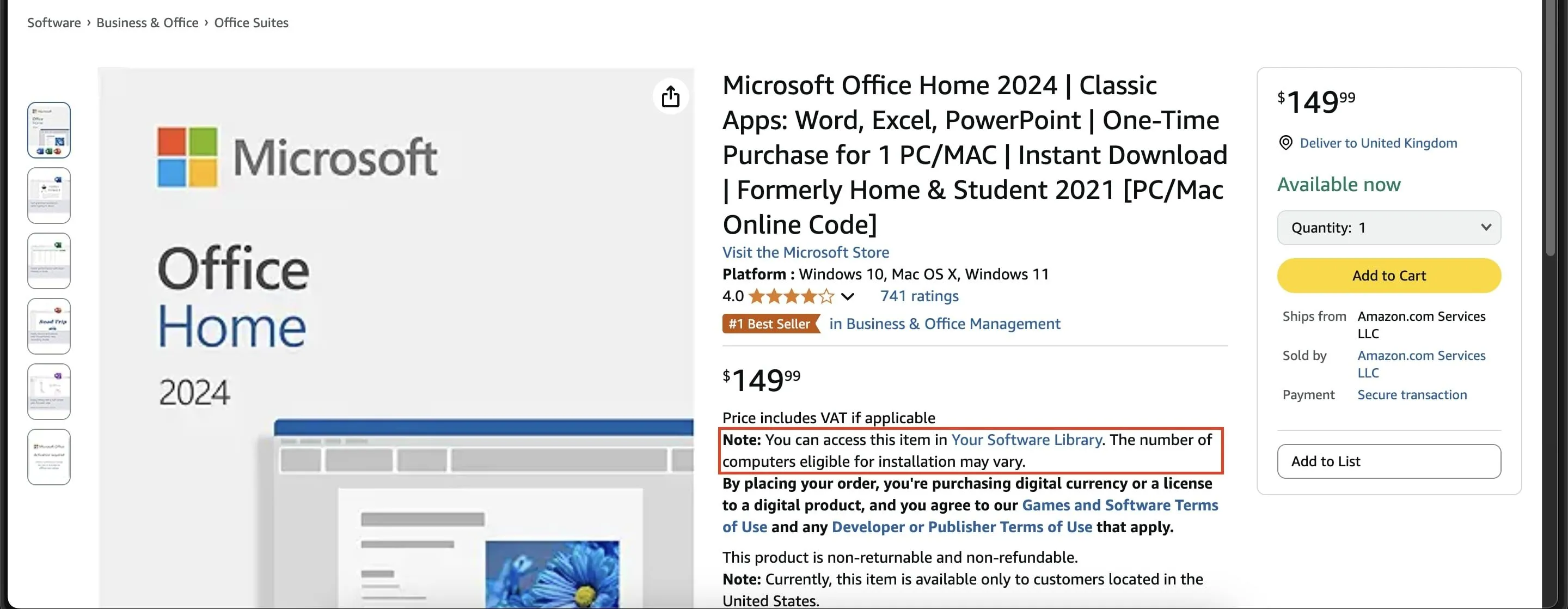 Trang bán phần mềm Microsoft Office trên Amazon, minh họa một ví dụ về nguồn mua phần mềm hợp pháp trực tuyến.