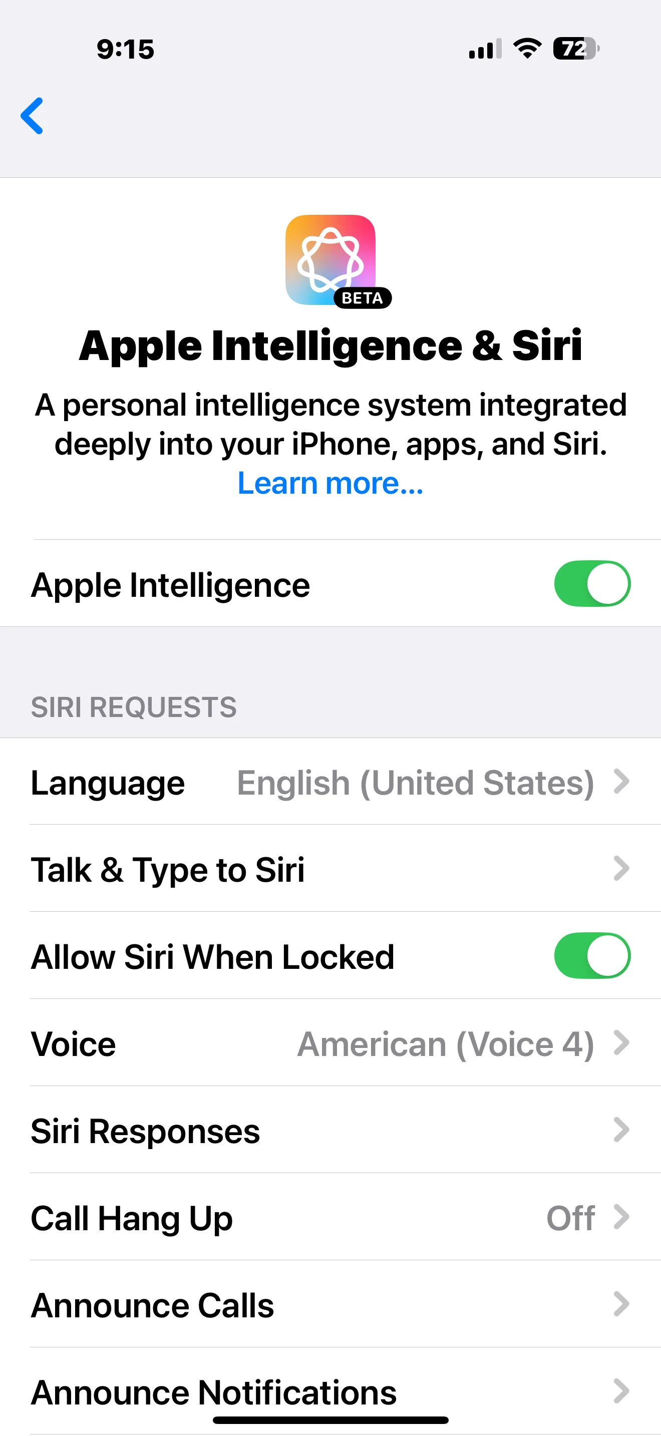 Trang cài đặt Apple Intelligence và Siri cho phép tắt các tính năng AI