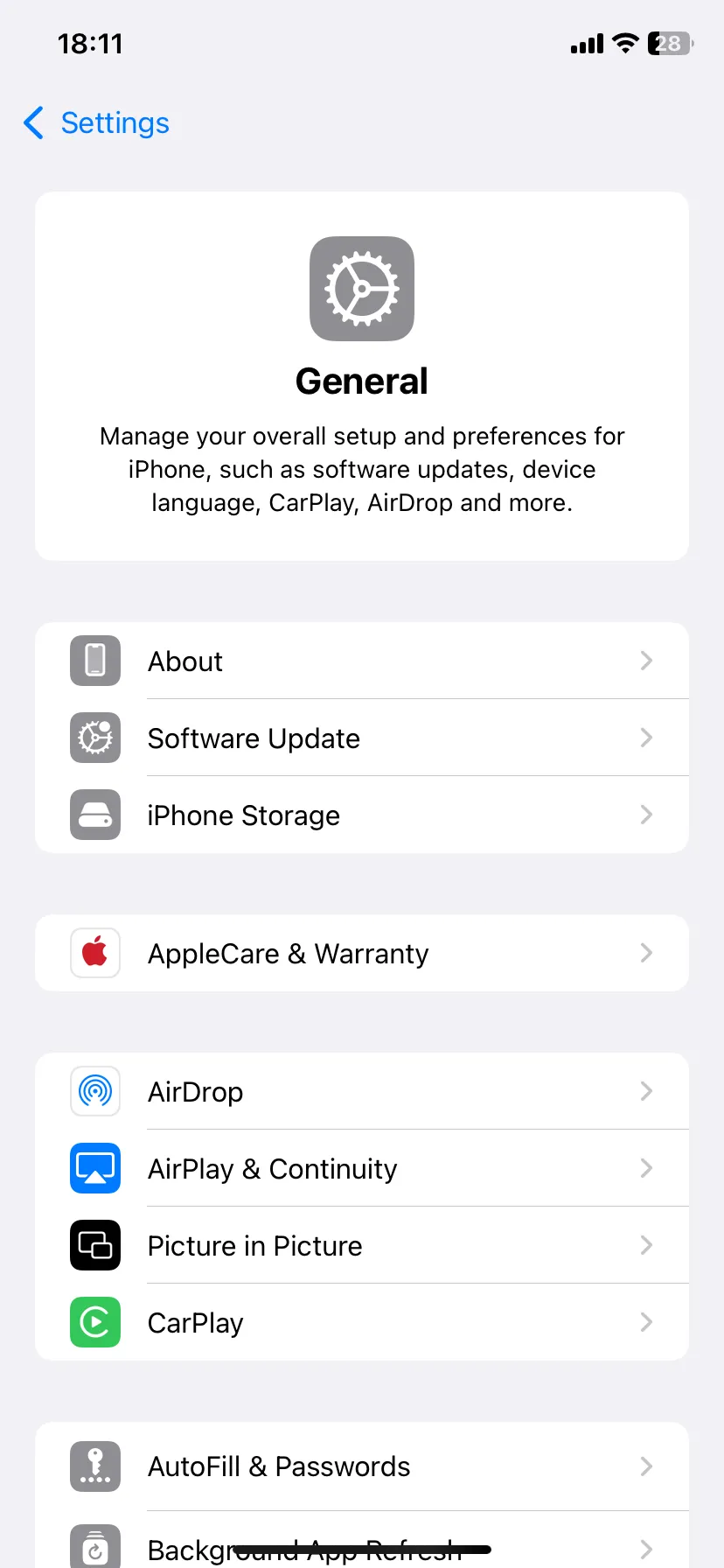Trang cài đặt chung của iPhone để quản lý dung lượng
