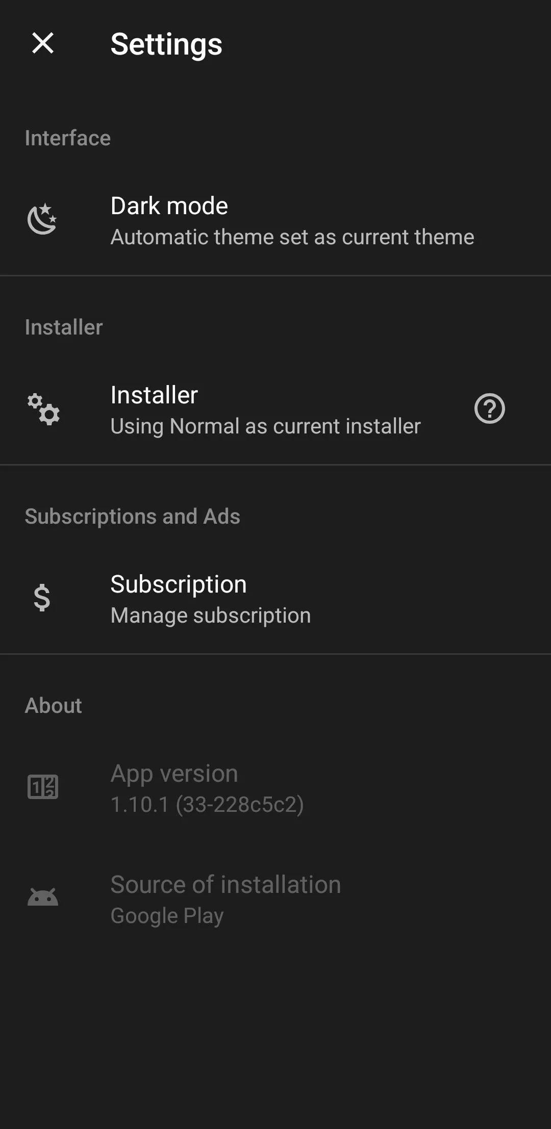 Trang cài đặt của APKMirror Installer trên điện thoại Android, hiển thị các tùy chọn cấu hình trình cài đặt.