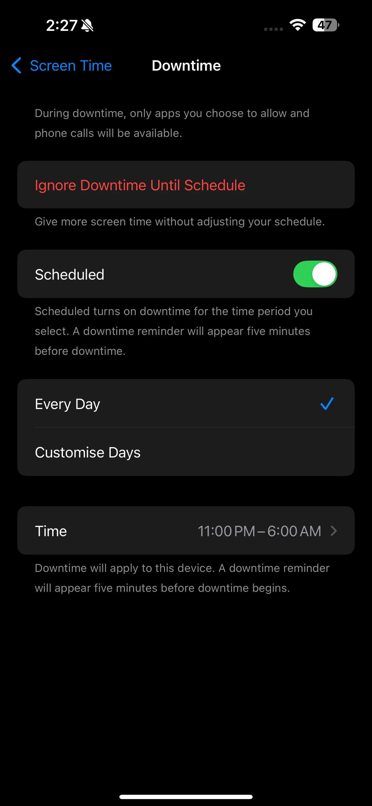 Trang cài đặt Thời gian nghỉ trong ứng dụng Cài đặt trên iPhone
