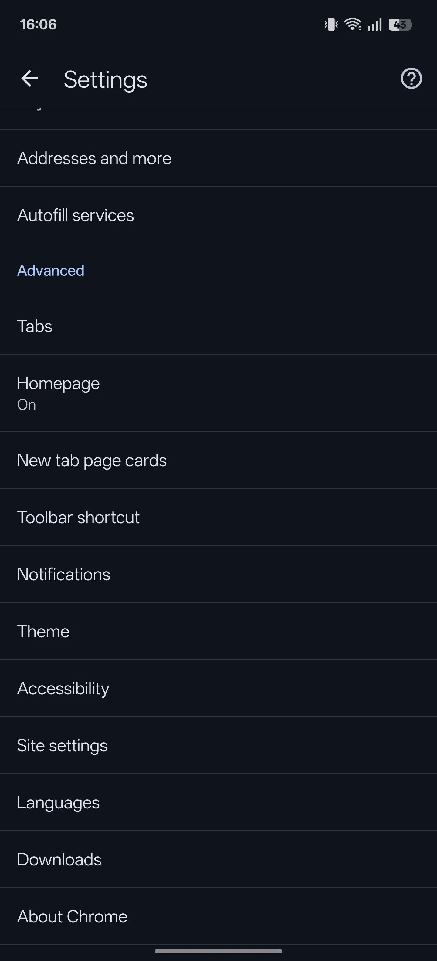 Trang Cài đặt trong Chrome trên Android, nơi người dùng có thể tùy chỉnh các lối tắt và tính năng.