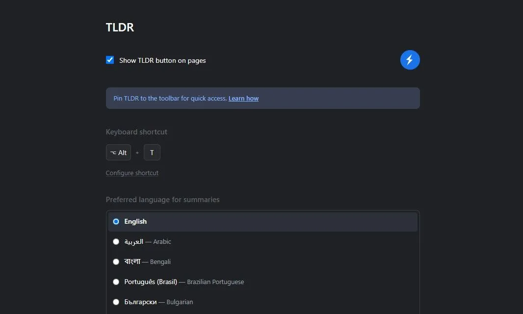 Trang cài đặt và tùy chỉnh tiện ích TLDR trên trình duyệt Chrome
