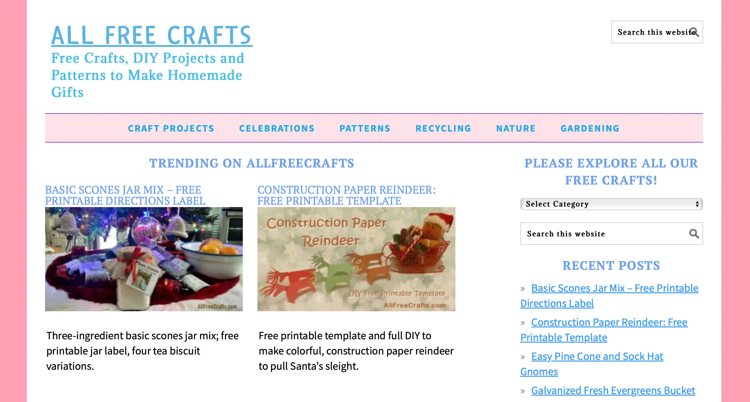 Trang chủ All Free Crafts với các sản phẩm thủ công như lọ bánh scone và tuần lộc giấy