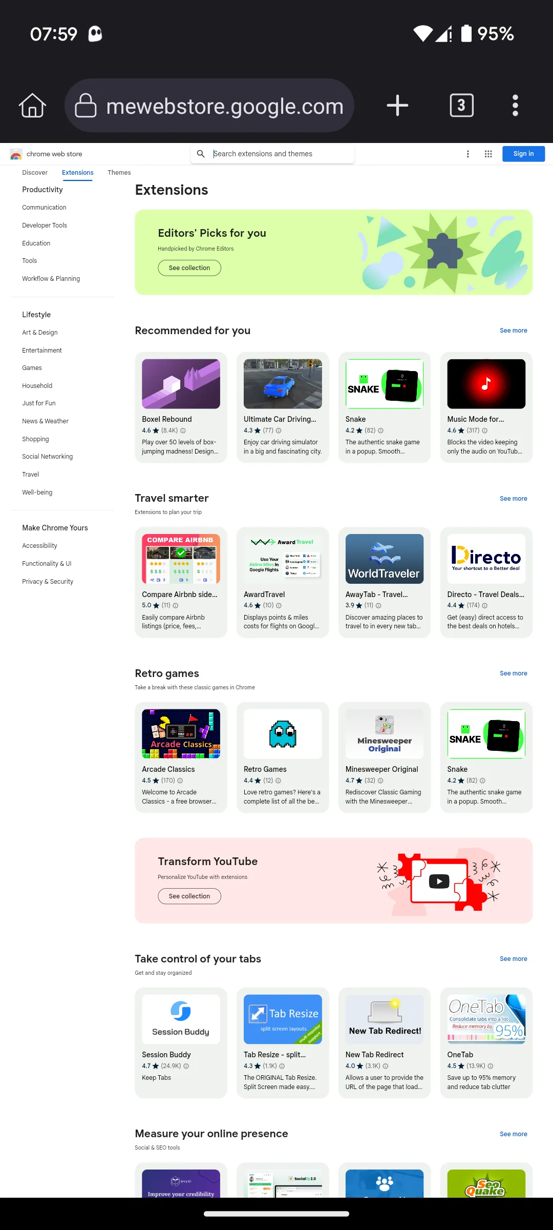 Trang chủ Chrome Web Store hiển thị trong trình duyệt Kiwi trên điện thoại Android.