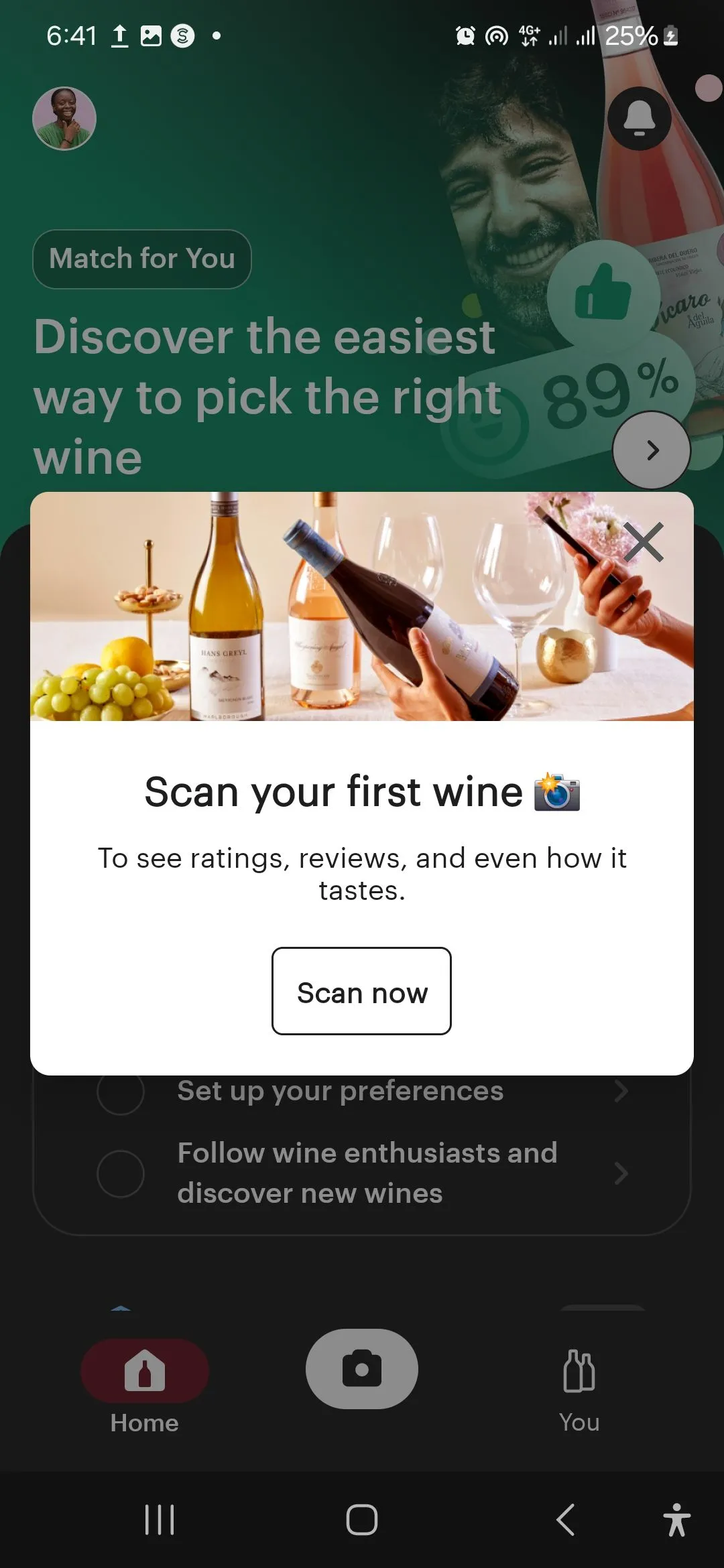 Trang chủ của ứng dụng Vivino trên thiết bị di động