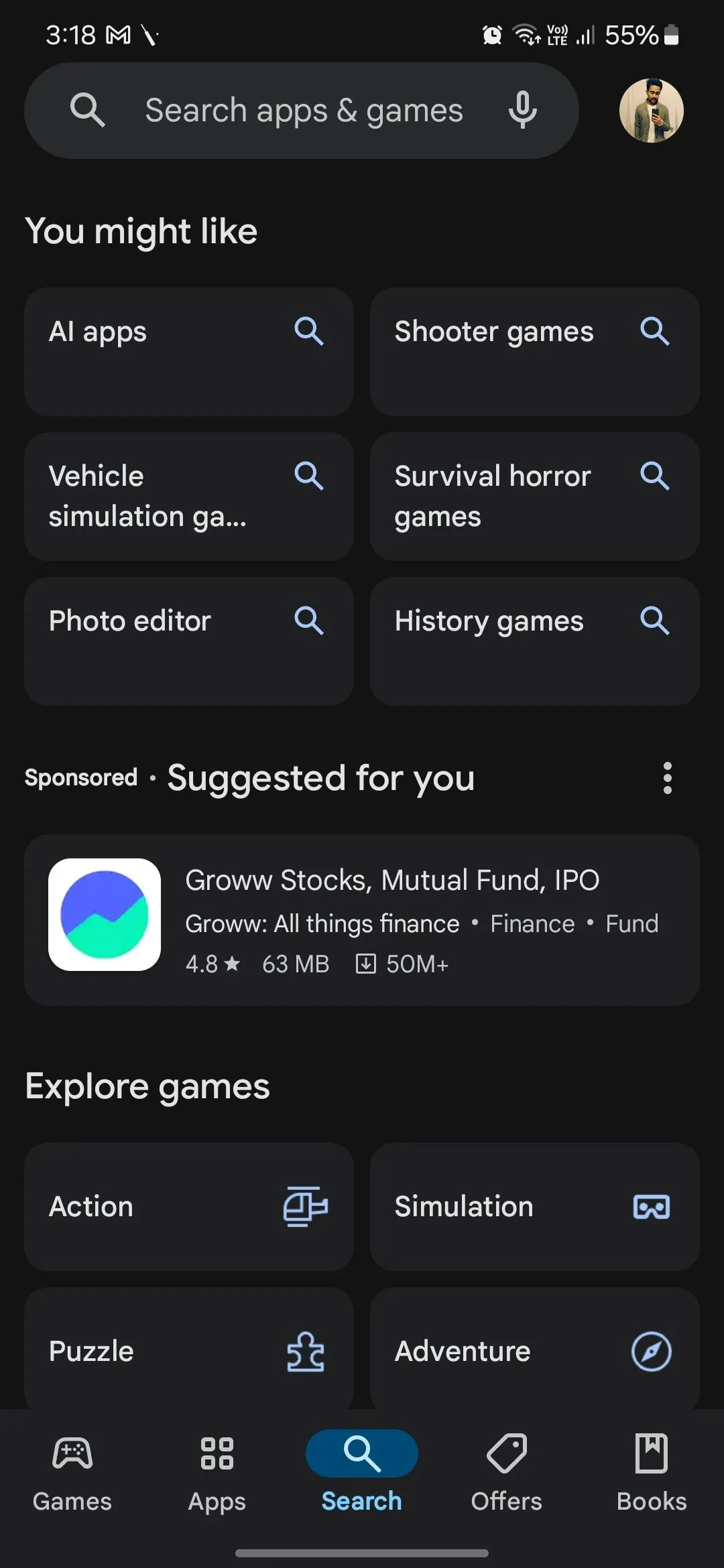 Trang chủ Google Play Store trên điện thoại Android