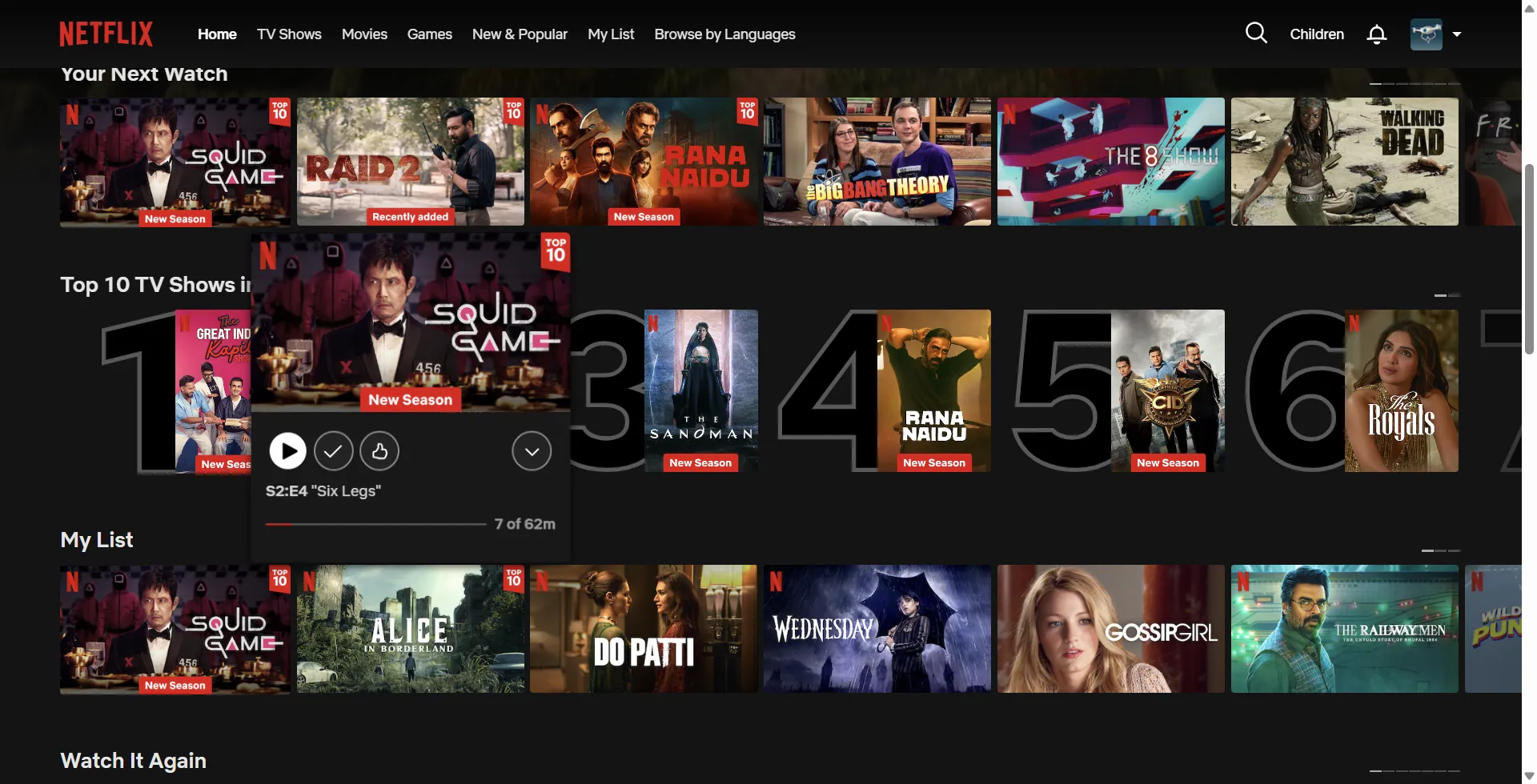 Trang chủ Netflix hiển thị các bộ phim và chương trình