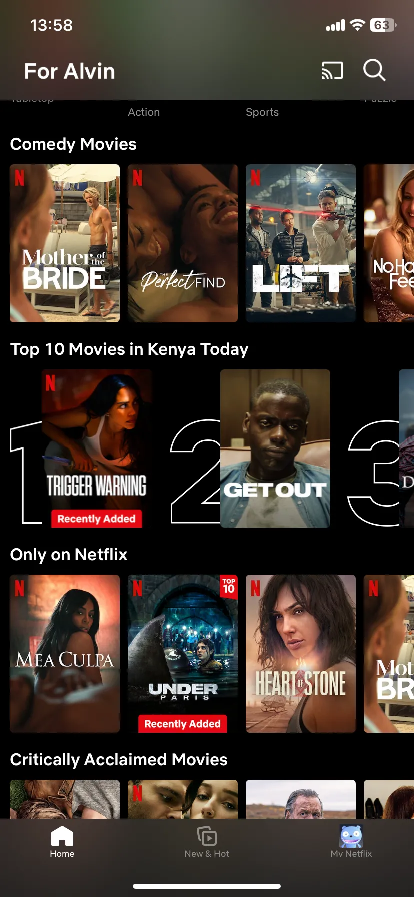 Trang chủ Netflix trên thiết bị iOS, hiển thị các bộ phim và chương trình truyền hình