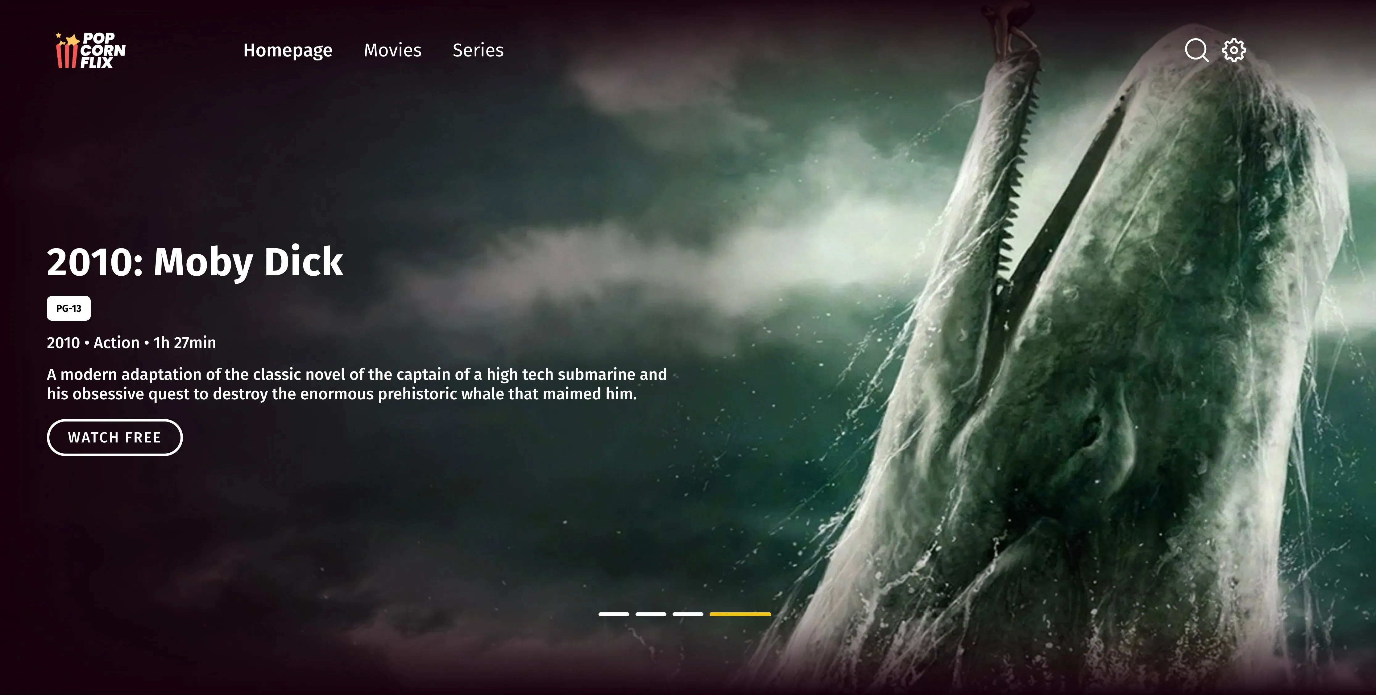 Trang chủ Popcornflix hiển thị phim Moby Dick, minh họa nền tảng streaming miễn phí với nhiều nội dung cổ điển và độc đáo.