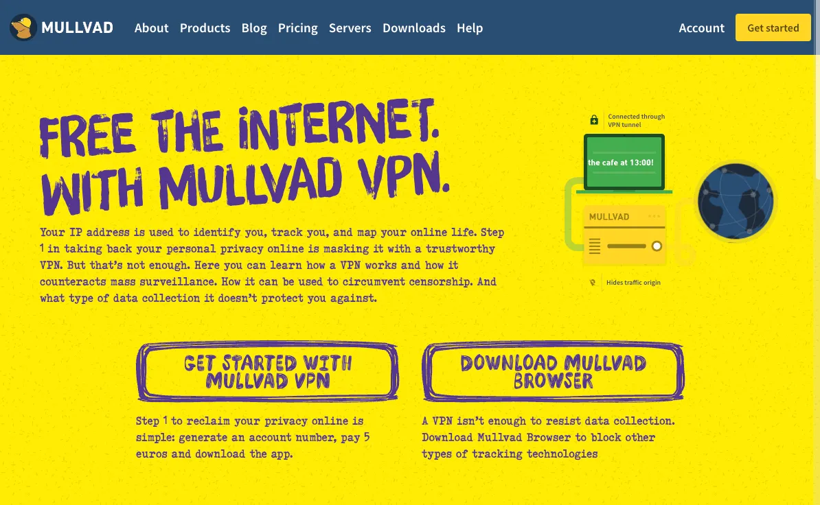 Trang chủ website Mullvad VPN với thông tin về quyền riêng tư và ẩn danh